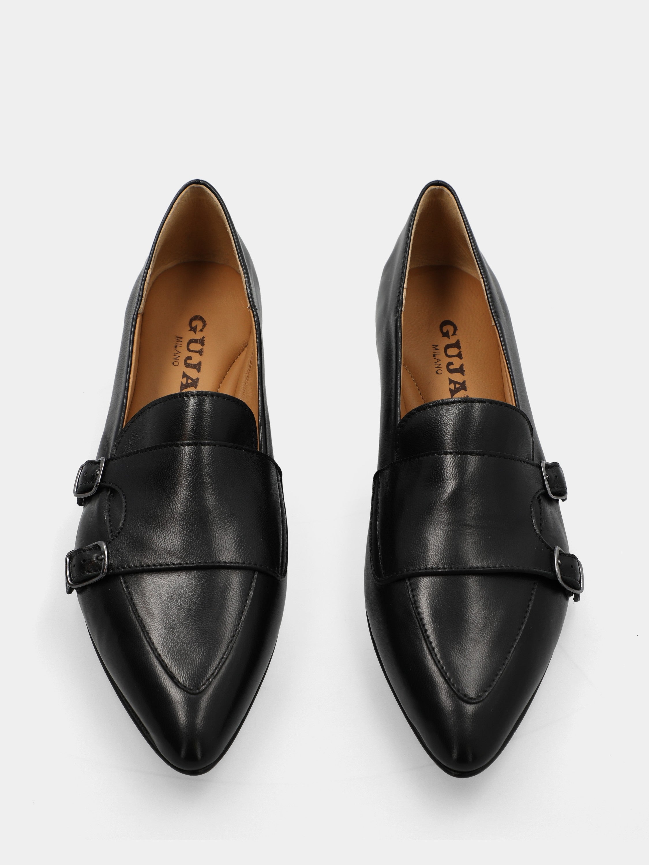 Mocassino in vitello nero con lavorazione a sacchetto e doppie fibbie