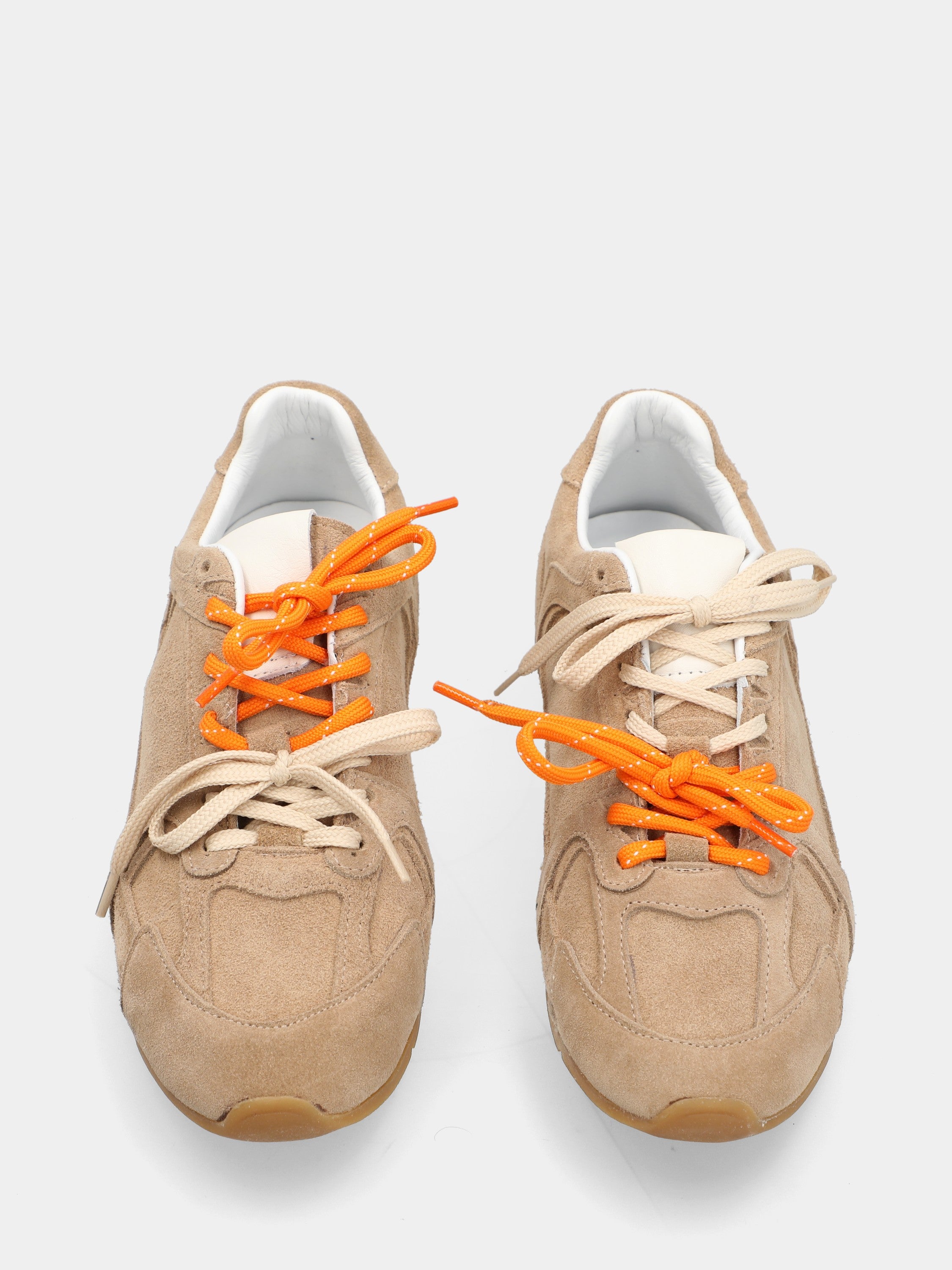 Sneaker flat in velour beige con doppi lacci bicolore