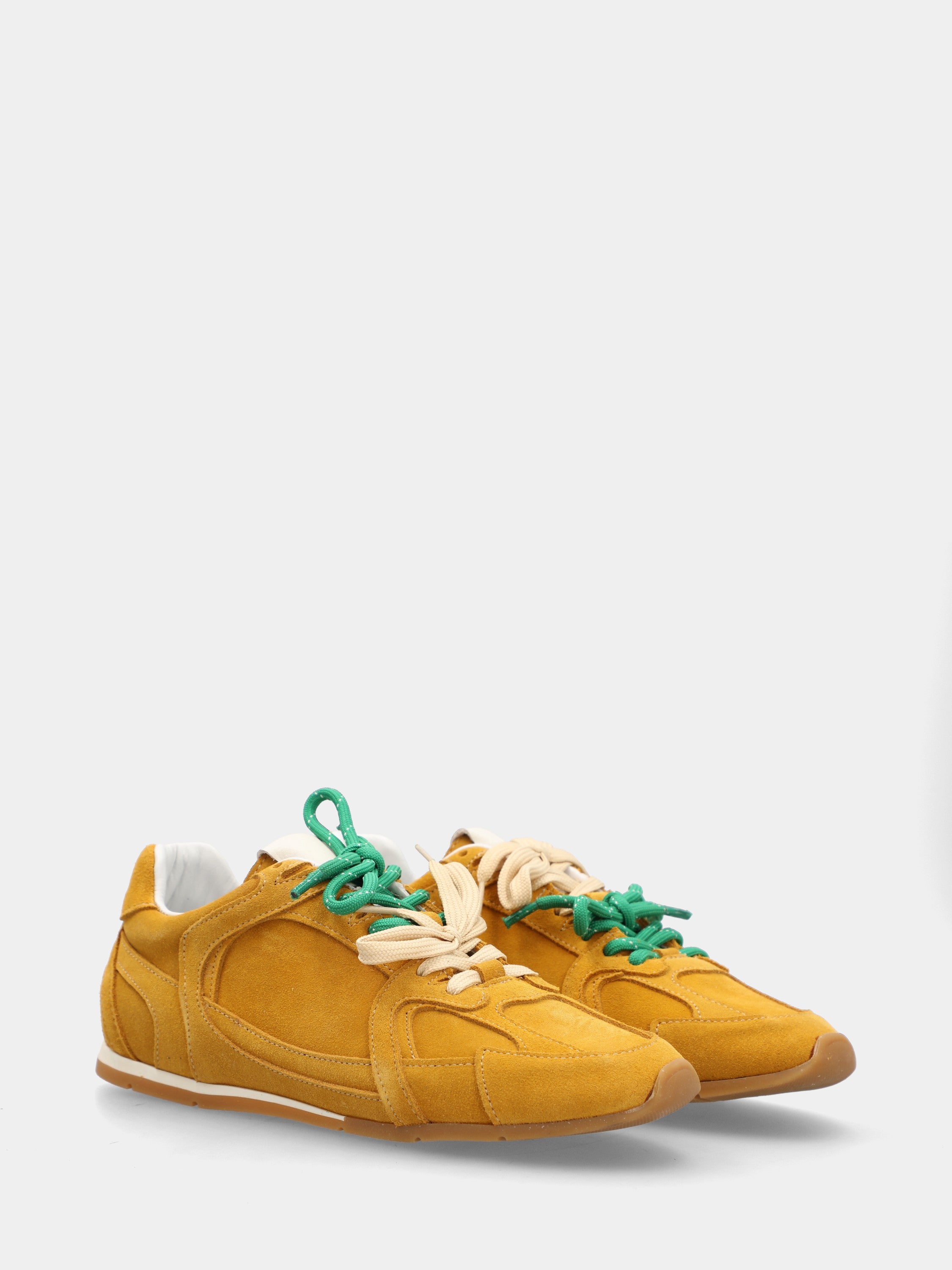 Sneaker flat in velour giallo con doppi lacci bicolore
