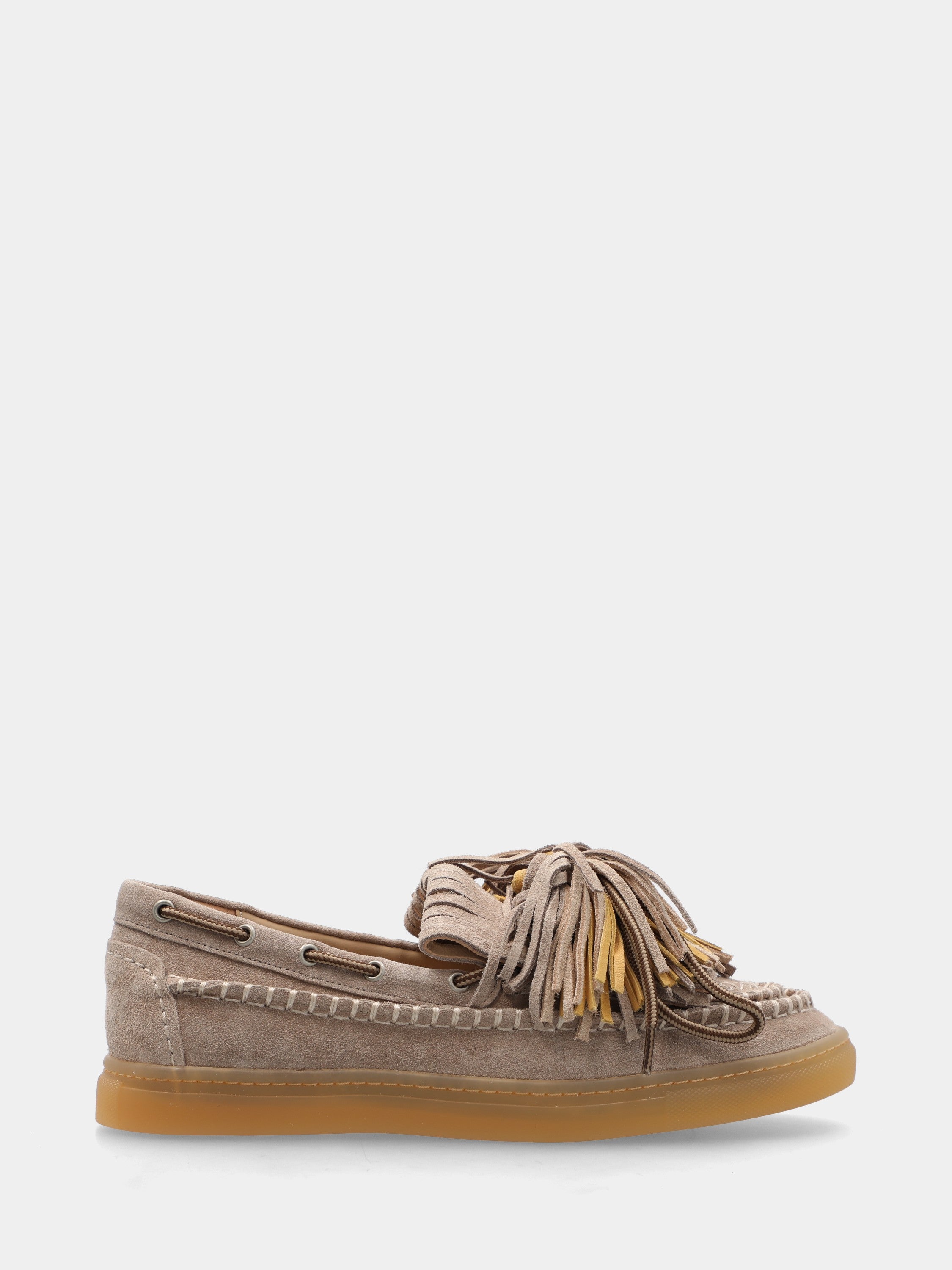 Mocassin en velours beige avec franges, pompons et semelle carrée