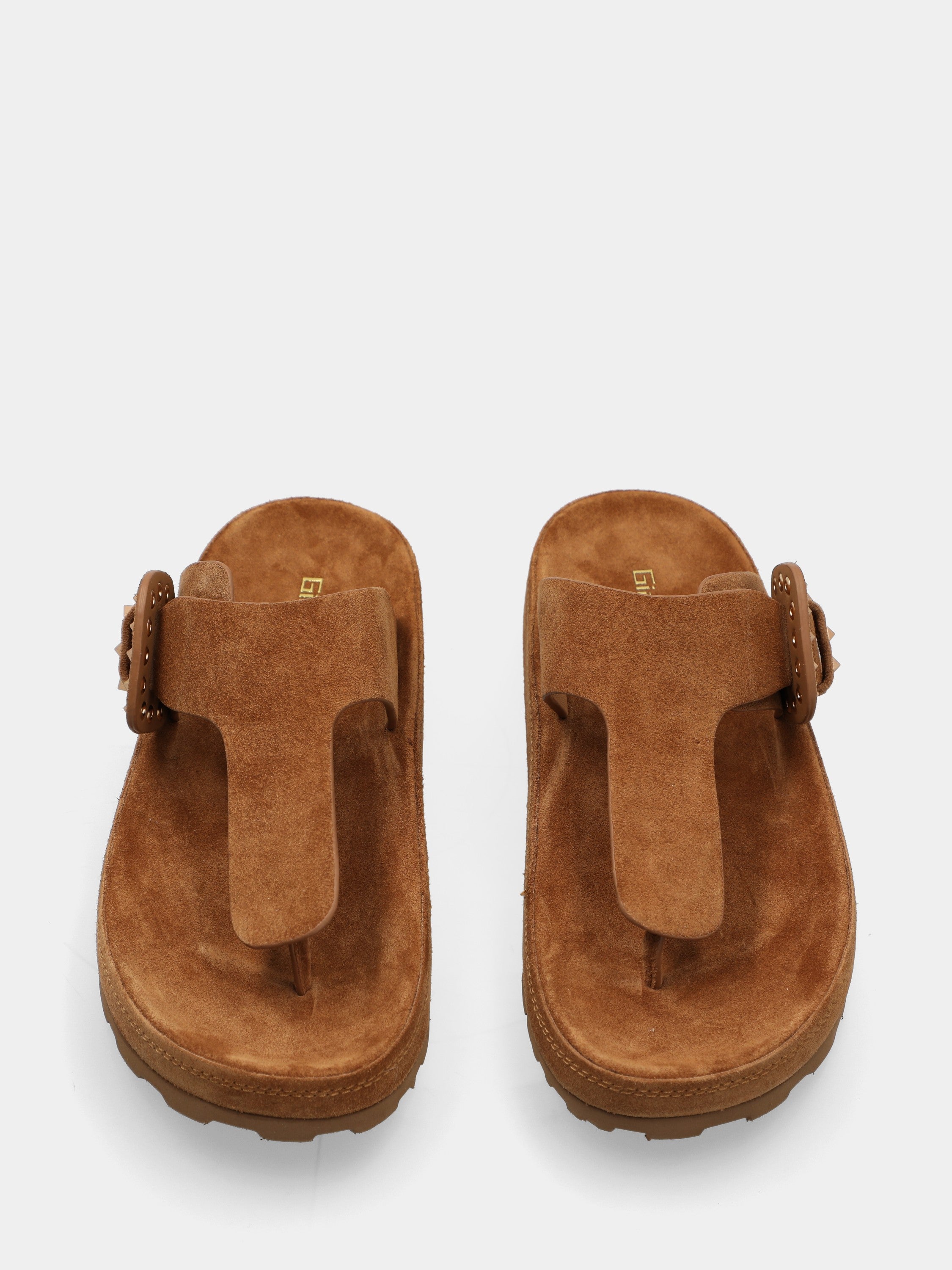 Sandalo infradito in velour beige con borchie a piramide