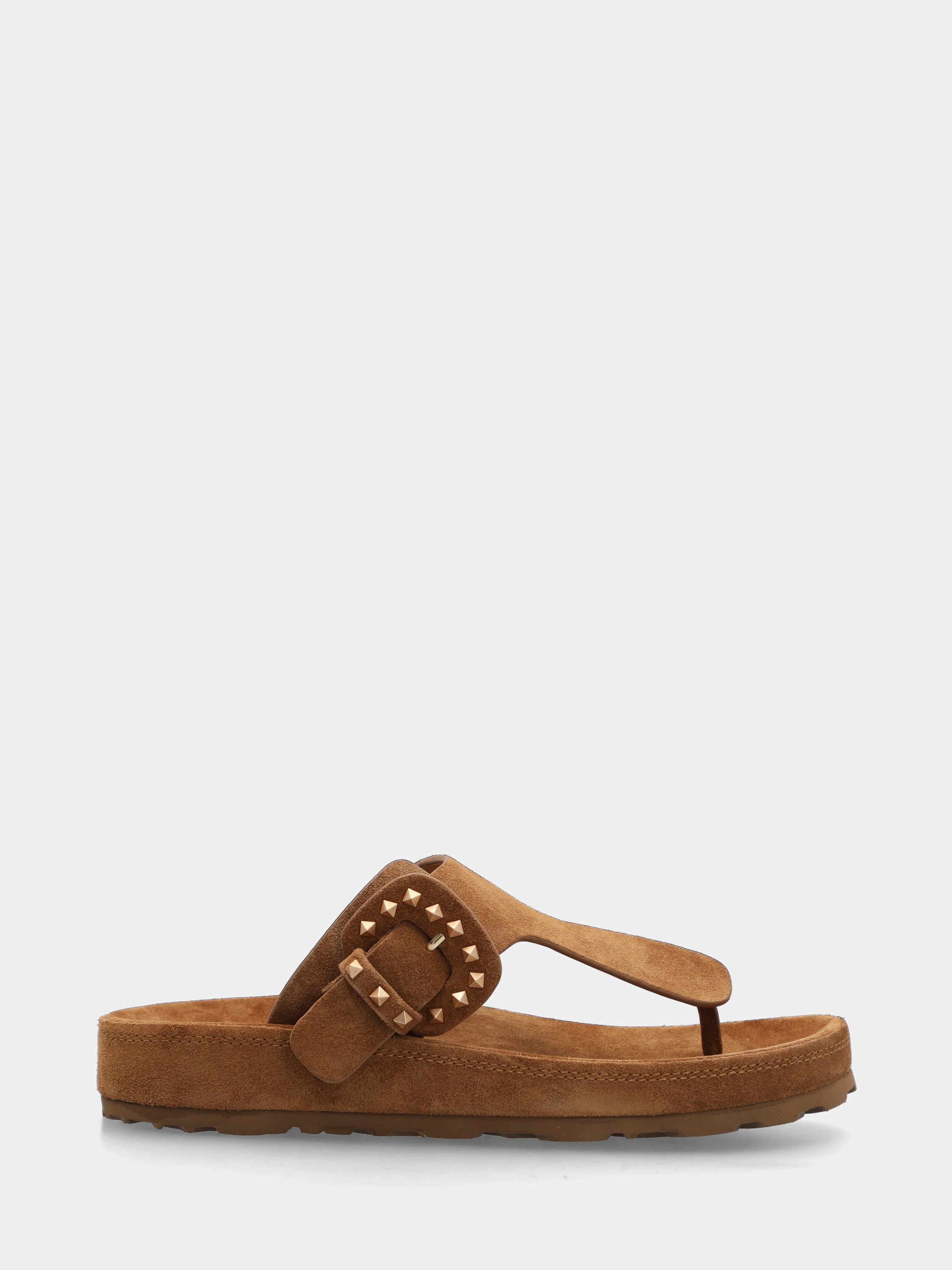 Sandalo infradito in velour beige con borchie a piramide