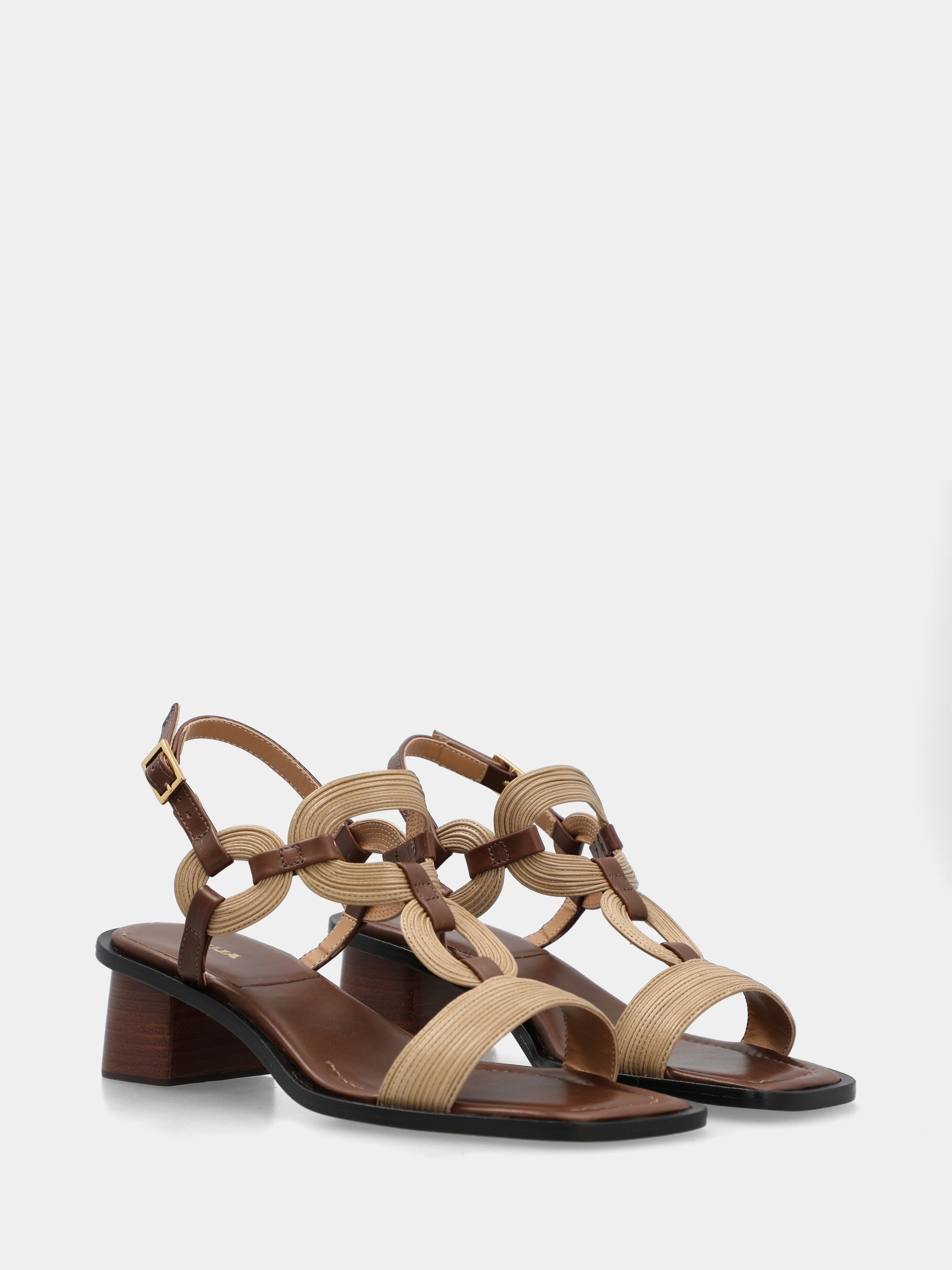 Sandale en nappa beige et marron foncé avec brides fines et talon bloc