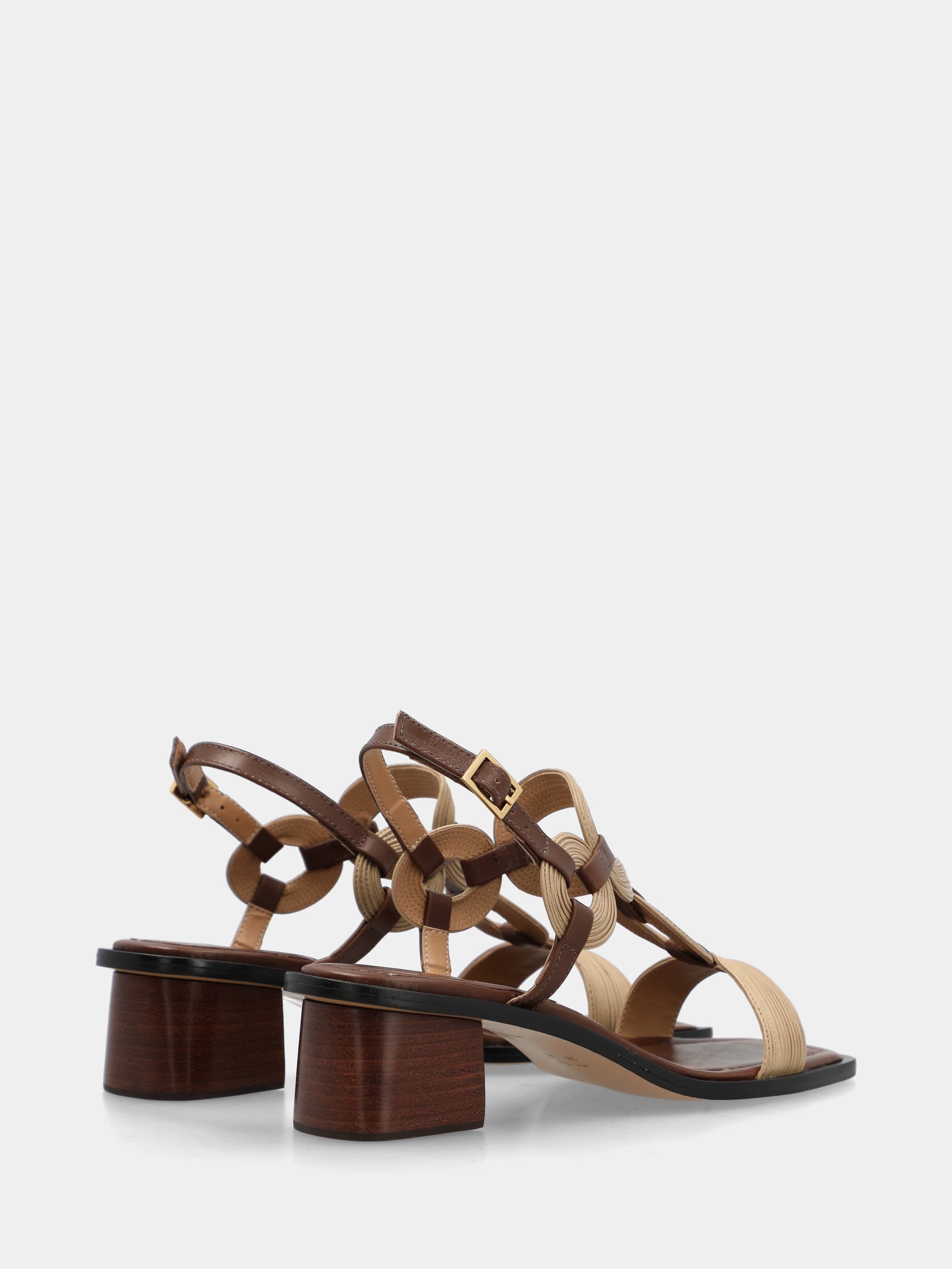 Sandale en nappa beige et marron foncé avec brides fines et talon bloc