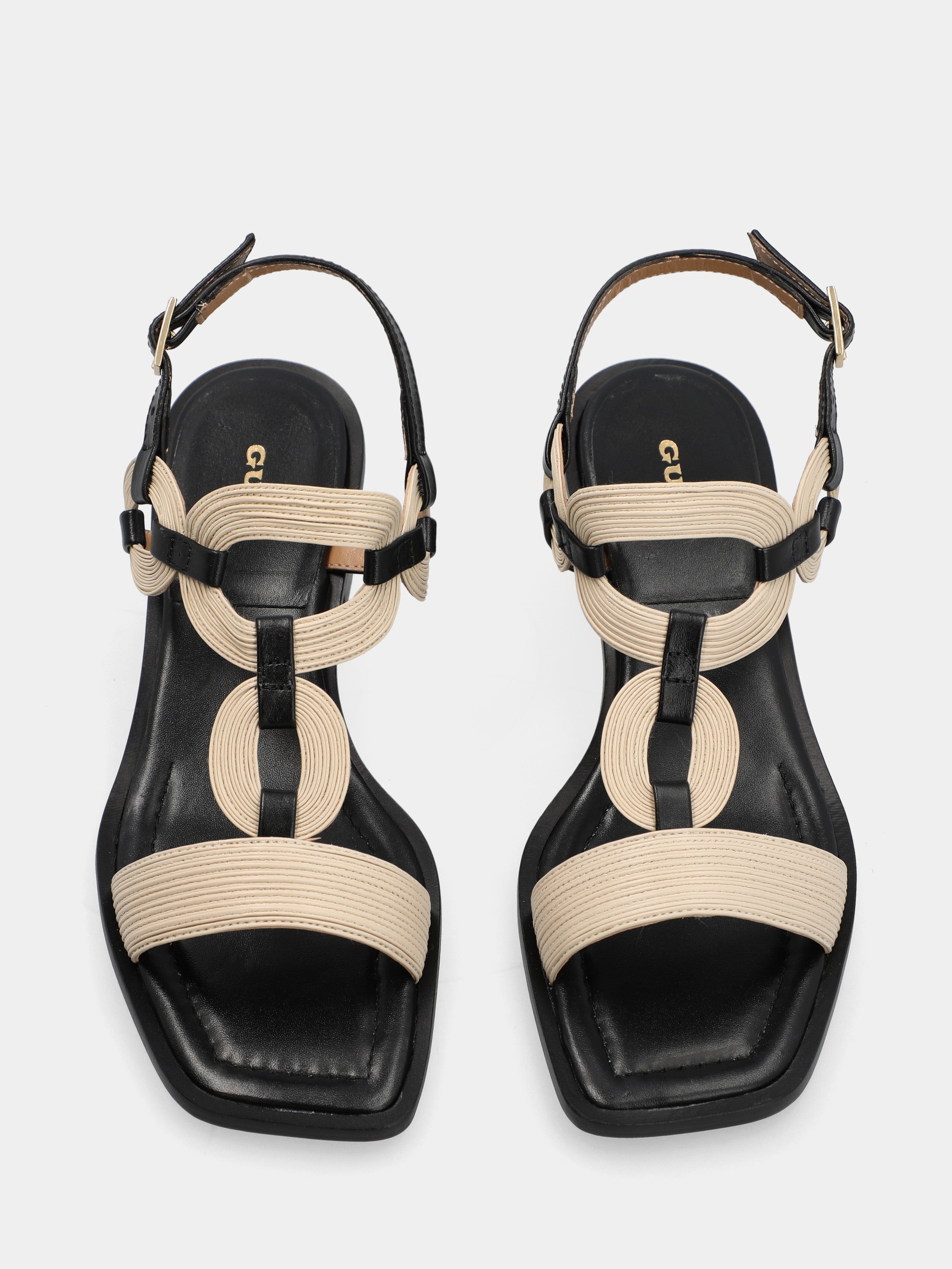 Sandale en nappa blanc lait et noir avec brides fines et talon bloc