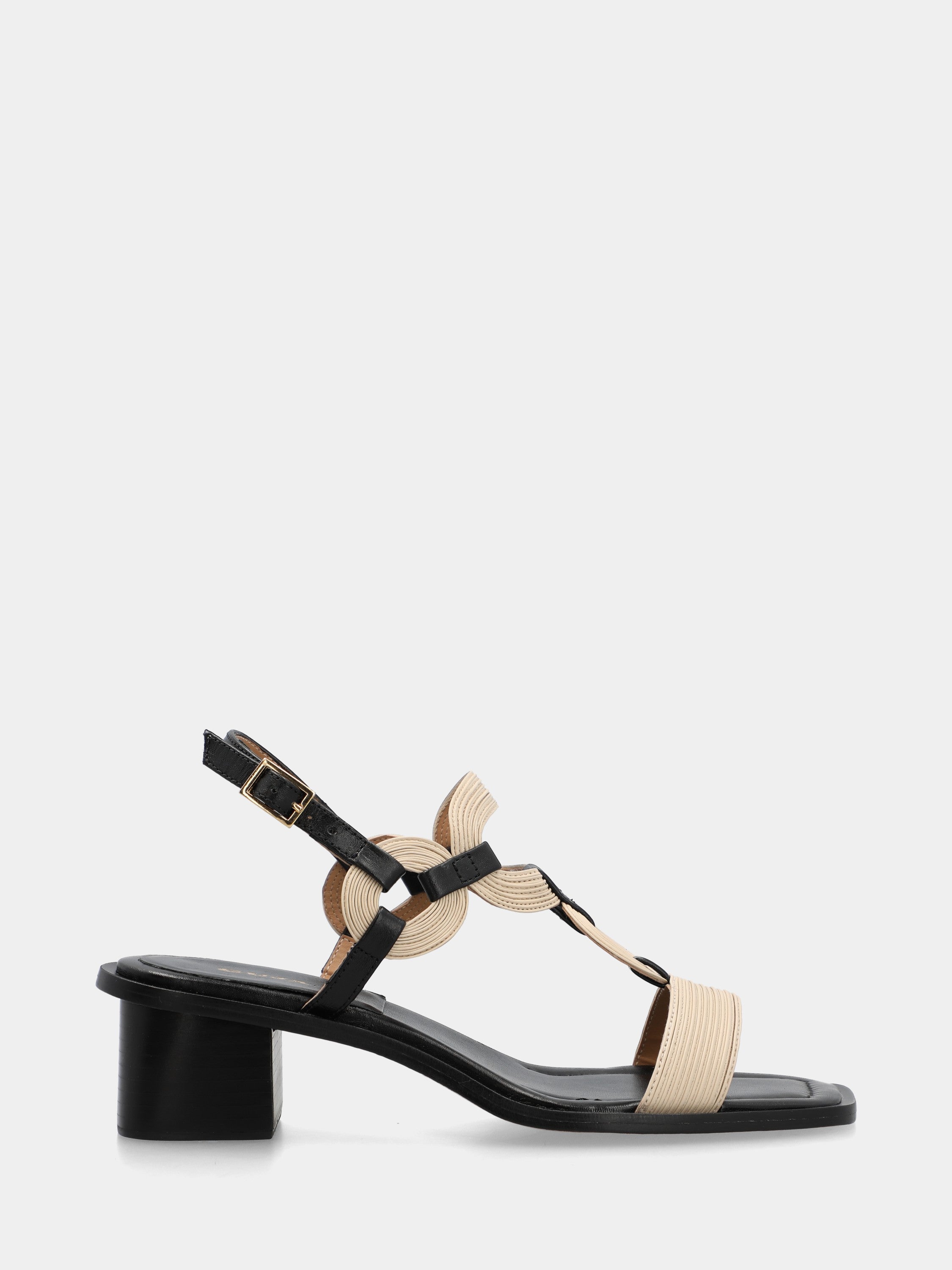 Sandale en nappa blanc lait et noir avec brides fines et talon bloc