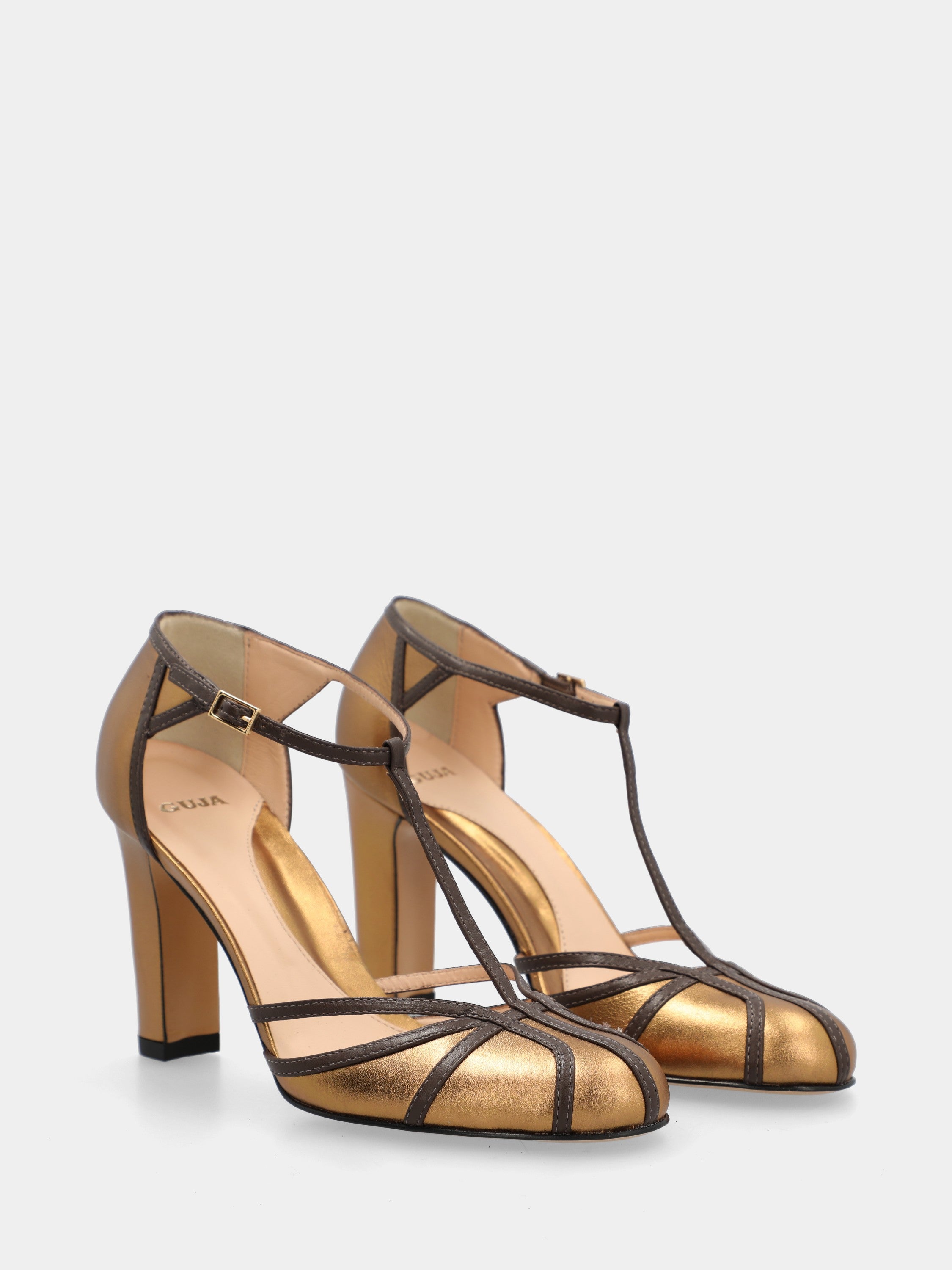 Bronze laminated T-bar pumps with stiletto heel