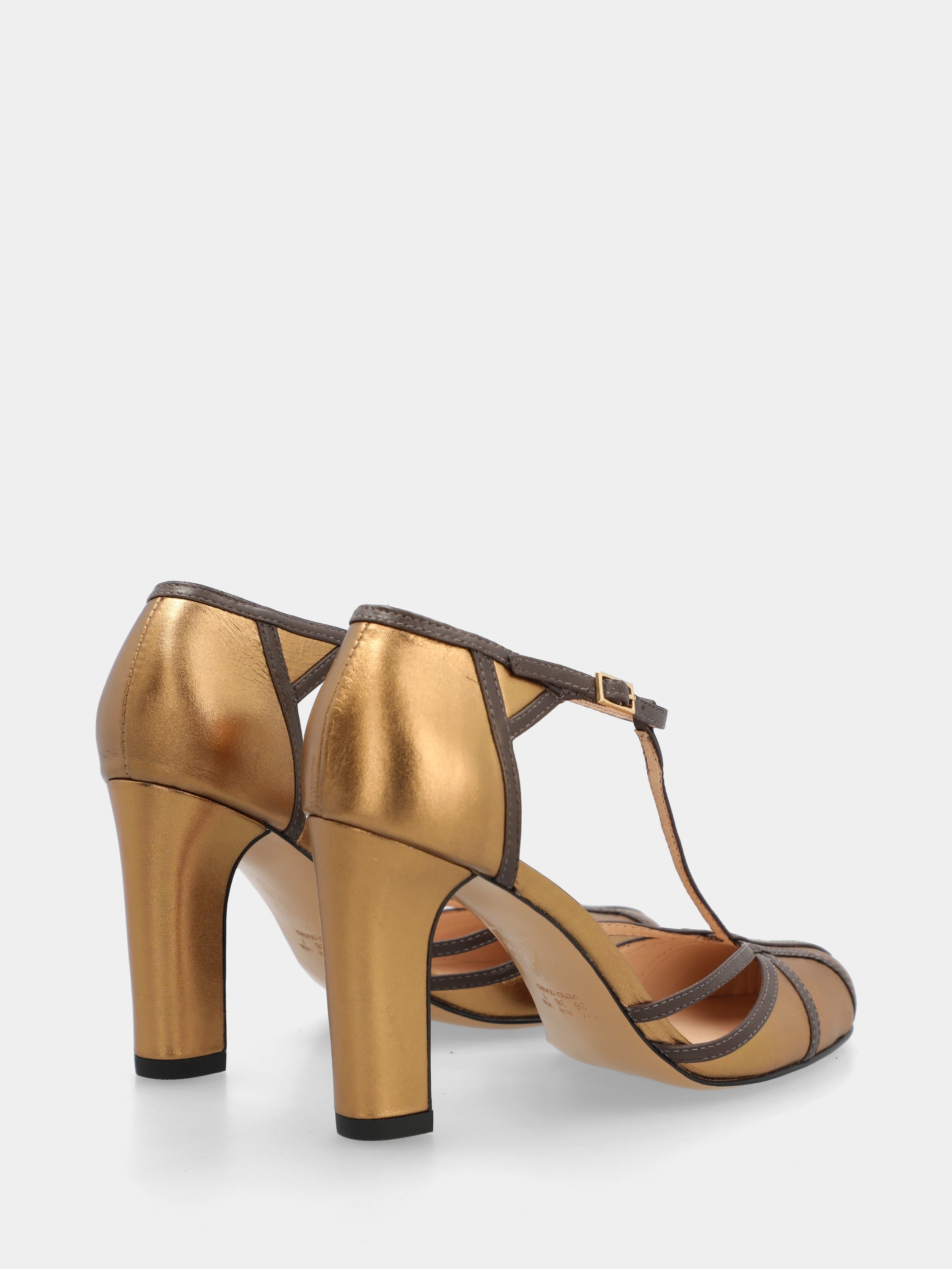 Bronze laminated T-bar pumps with stiletto heel