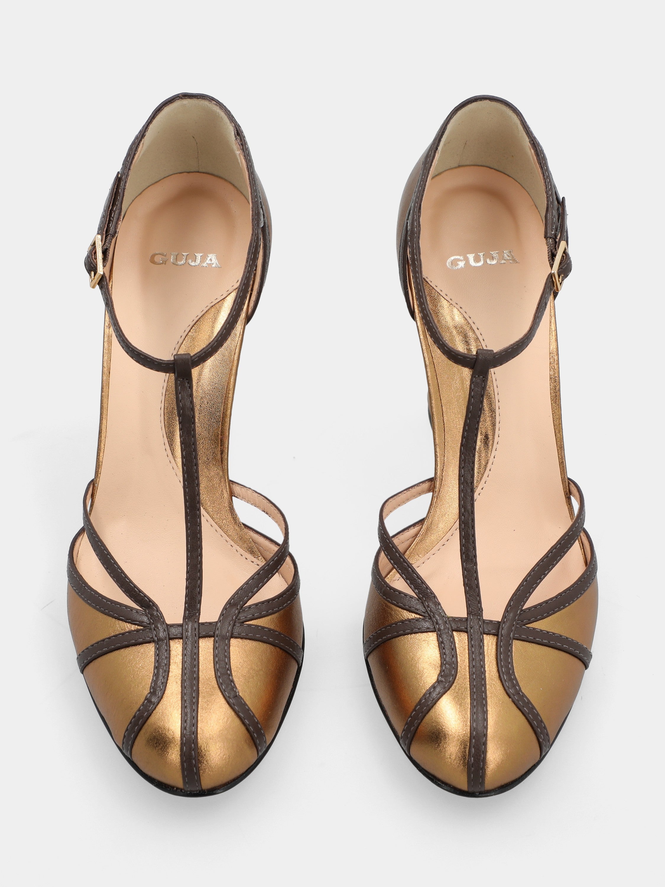 Bronze laminated T-bar pumps with stiletto heel