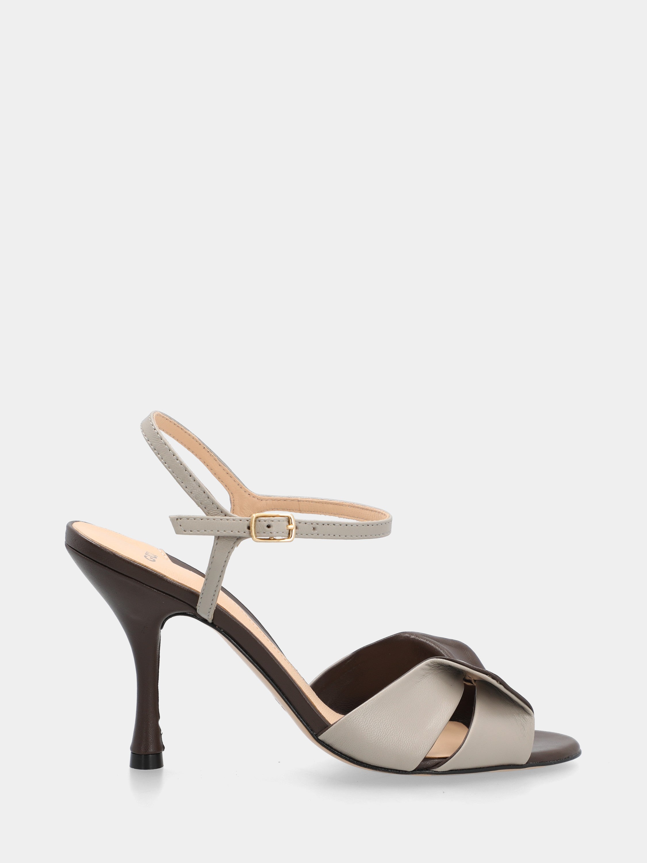 Nappa leather sandal in dark brown and gray with a cup heel