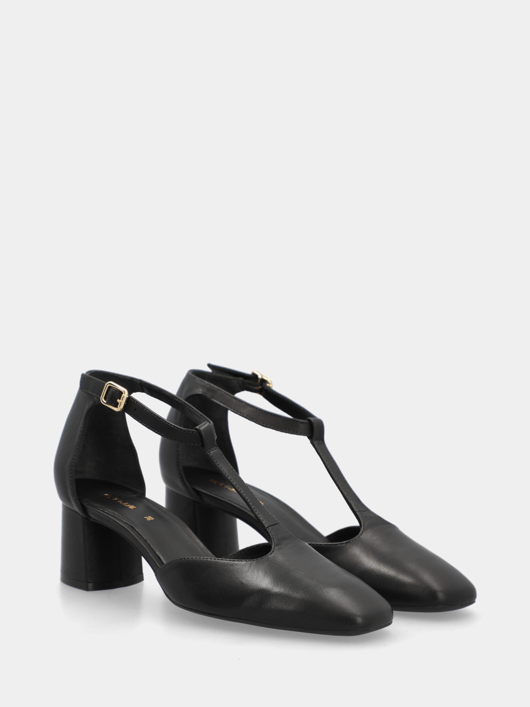 Escarpins T-bar en vitello noir avec talon bloc