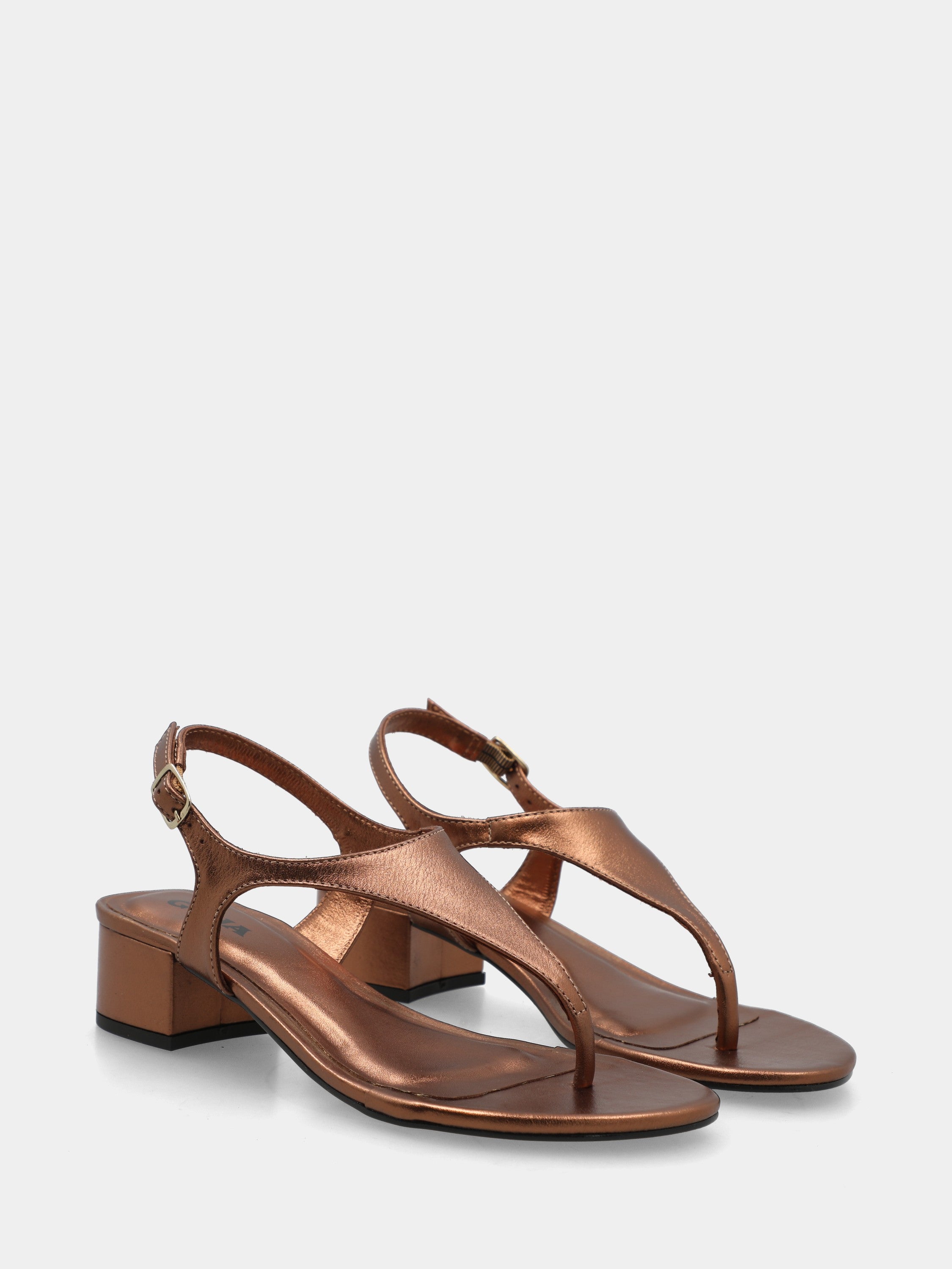 Infradito in laminato bronzo con tacco a blocco