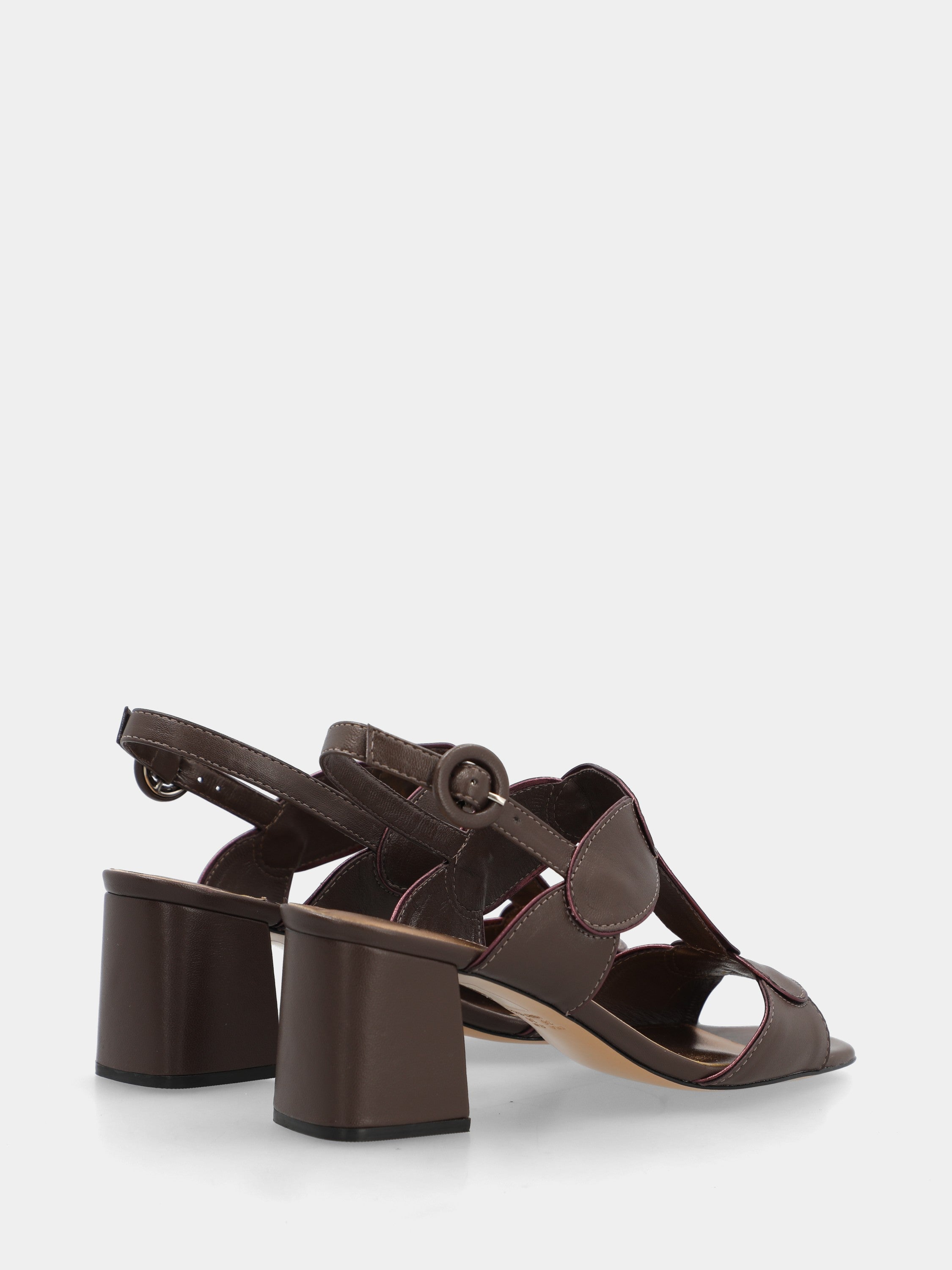 Dark brown nappa leather sandal with oval straps and block heel