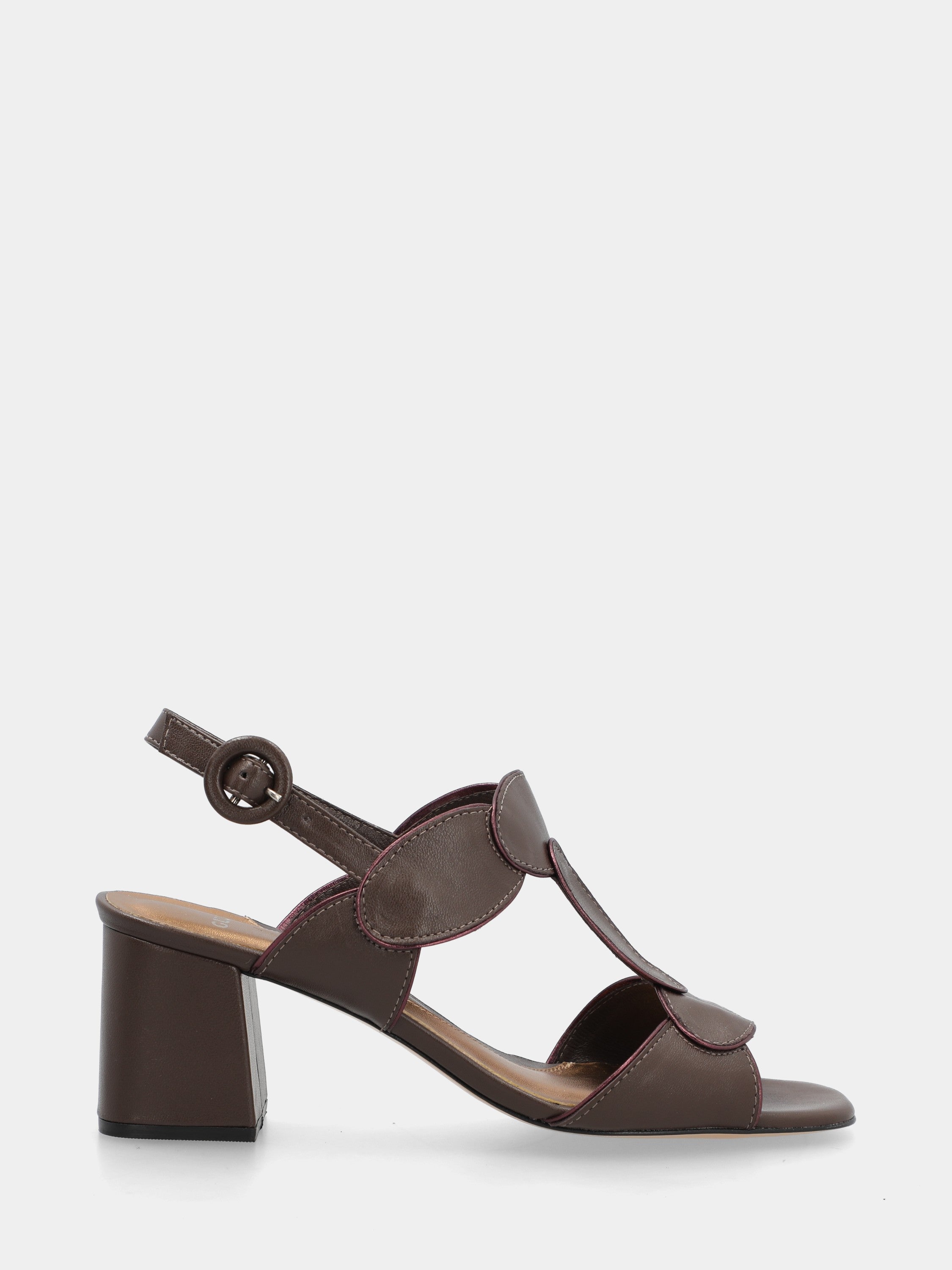 Dark brown nappa leather sandal with oval straps and block heel