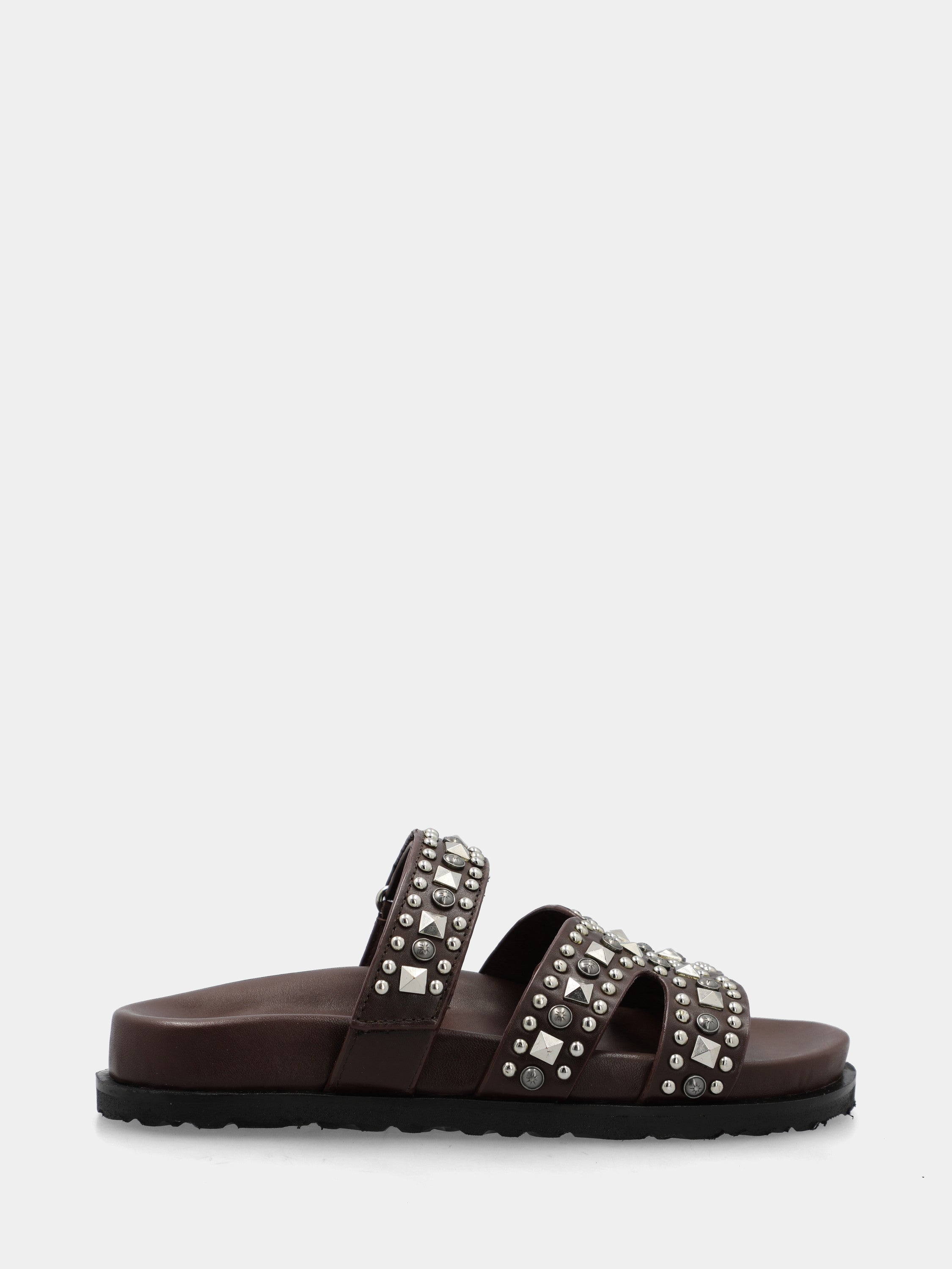 Slide sandal with dark brown calf leather footbed, X straps, and Velcro closure