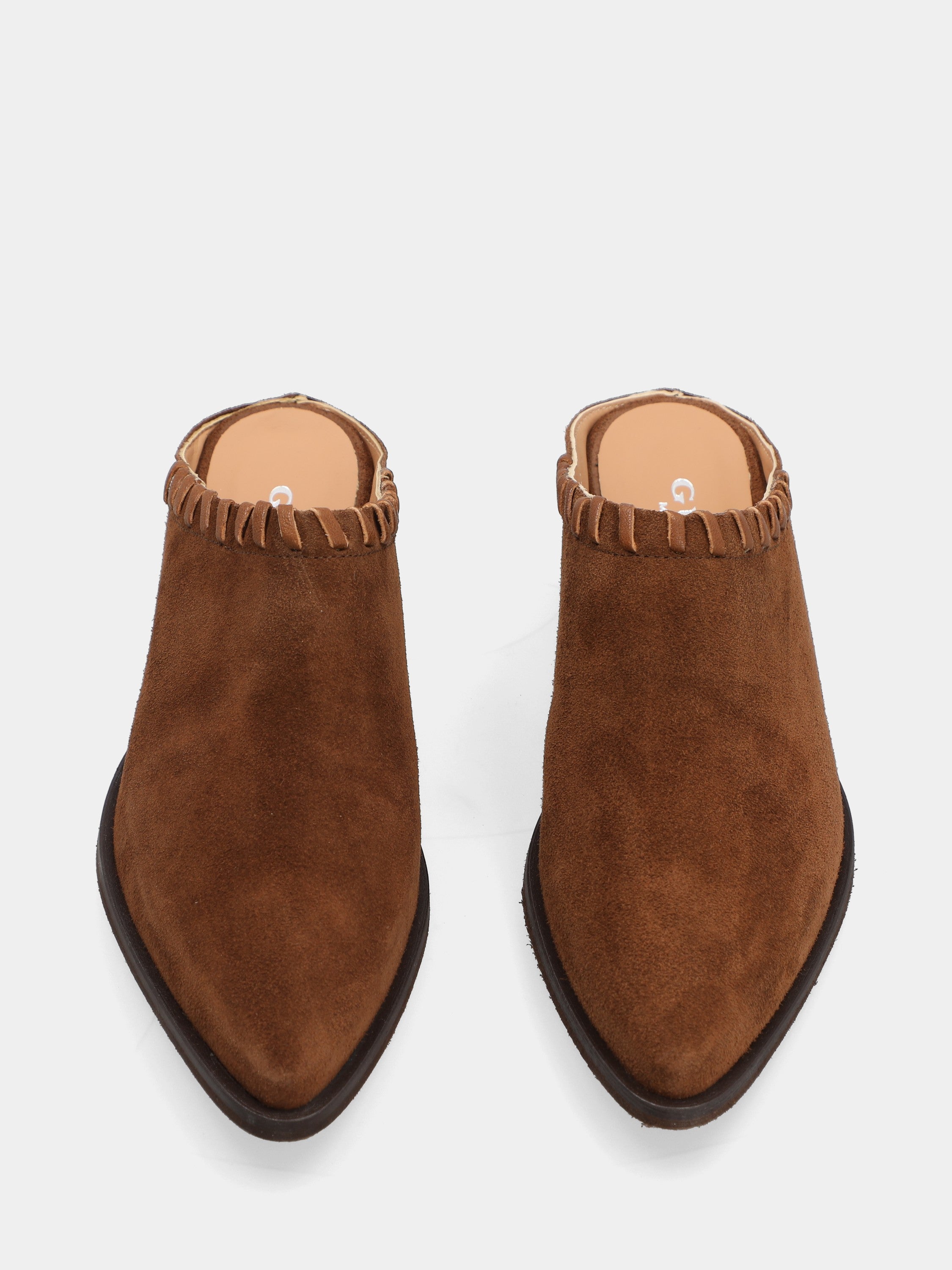Brown velour clog with leather inlays