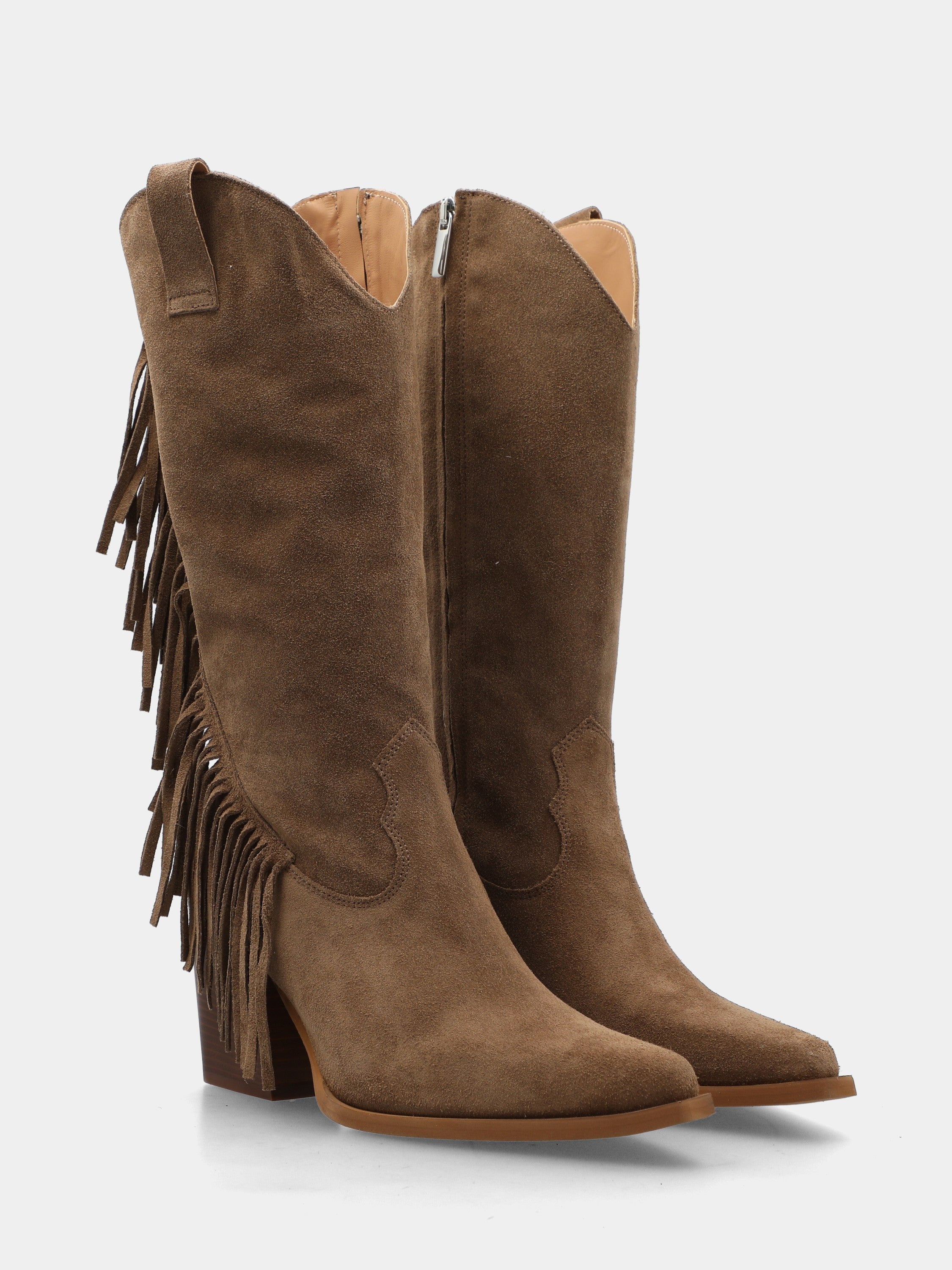 Western boots in taupe velour with comma fringe and wide heel
