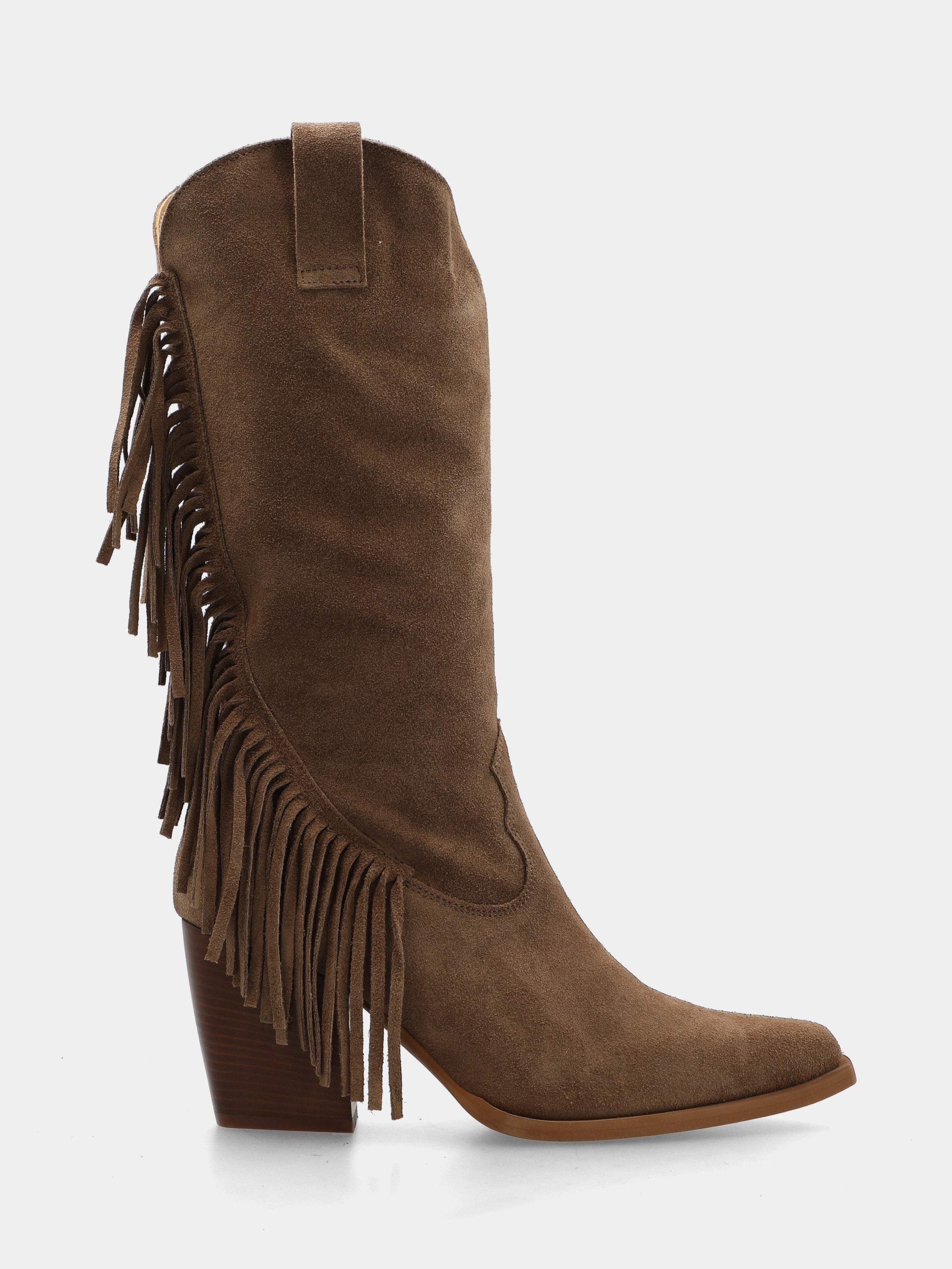 Western boots in taupe velour with comma fringe and wide heel