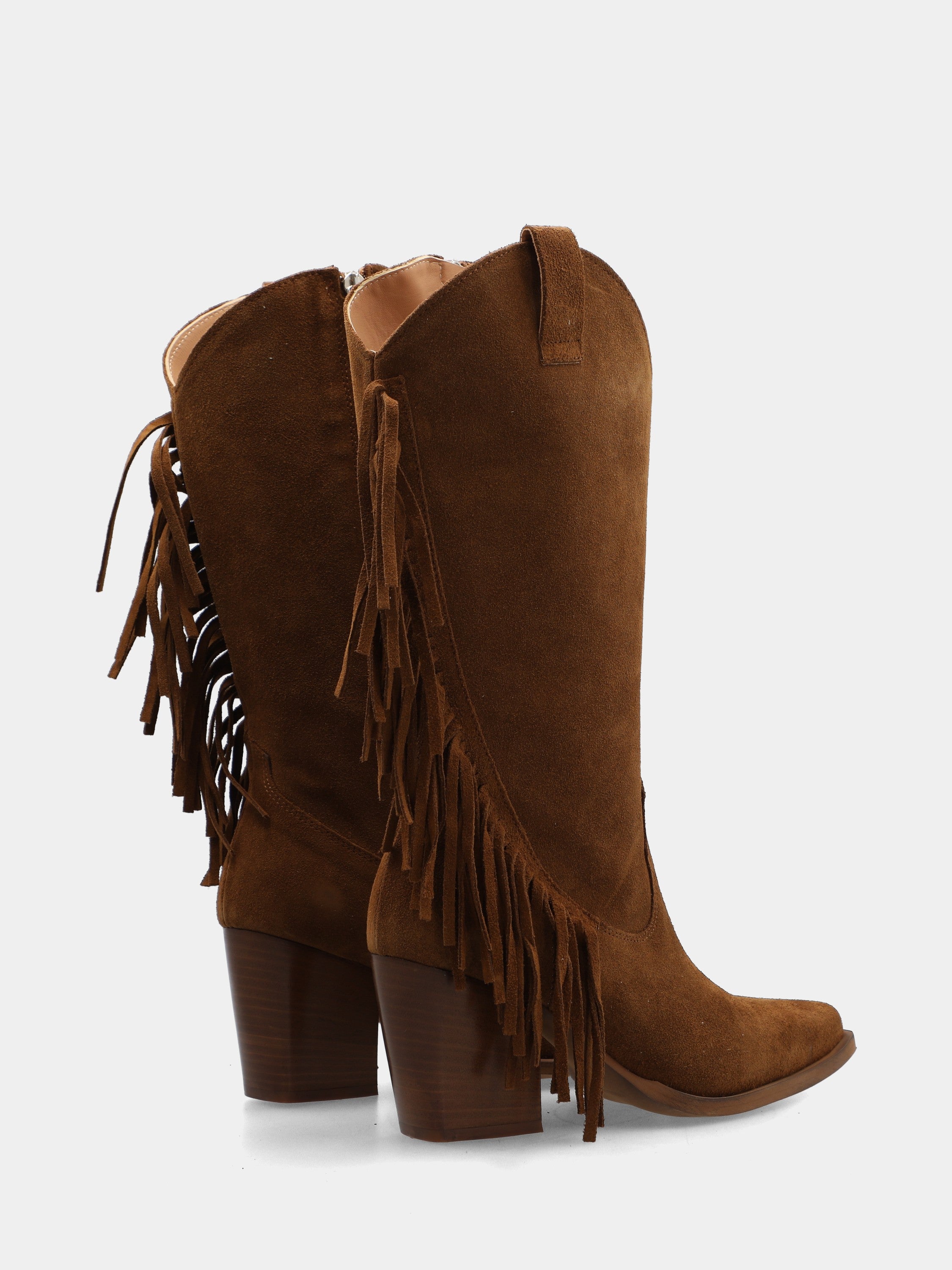 Bottes western en velours marron foncé avec frange en virgule et talon large