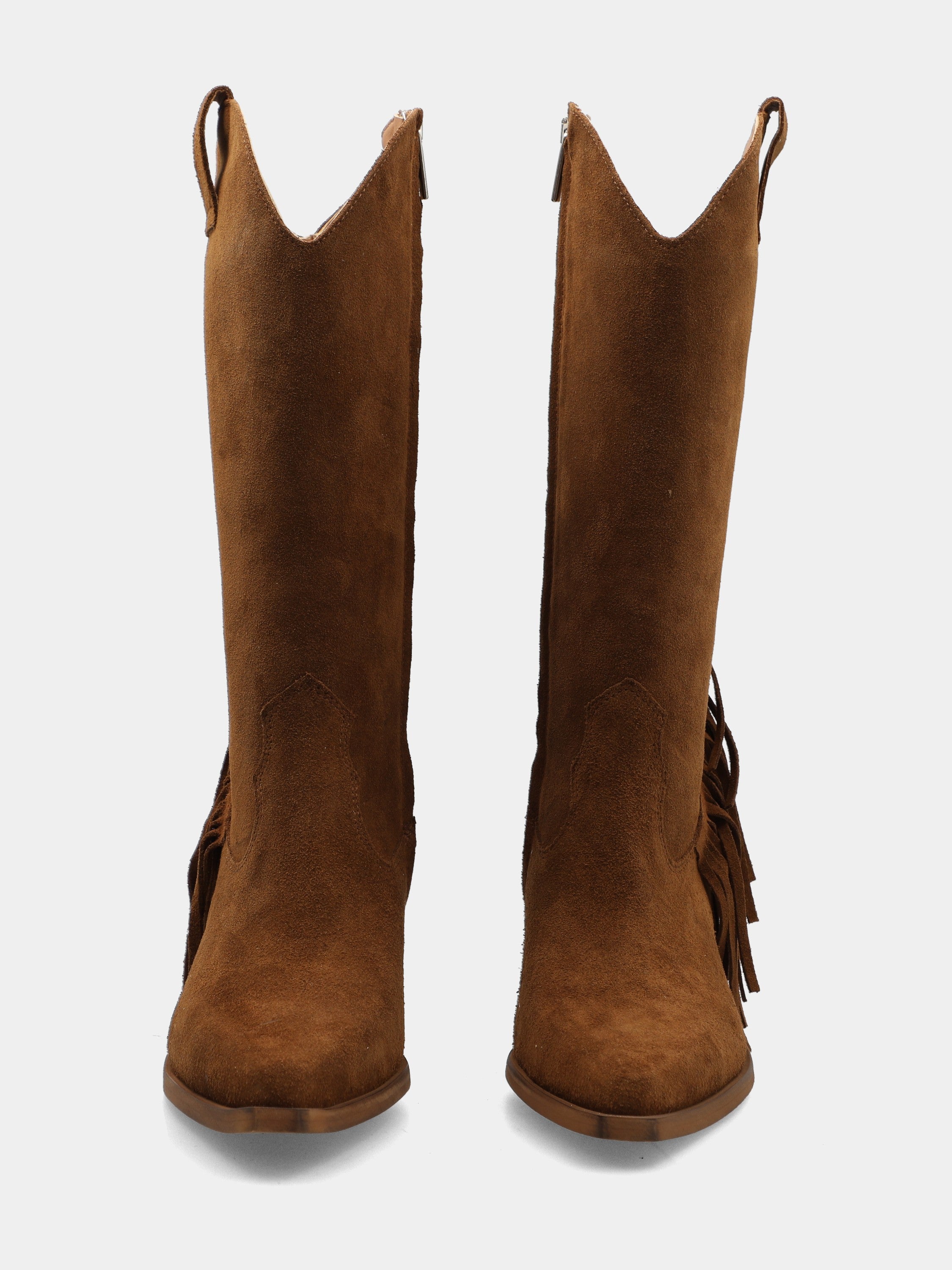 Bottes western en velours marron foncé avec frange en virgule et talon large