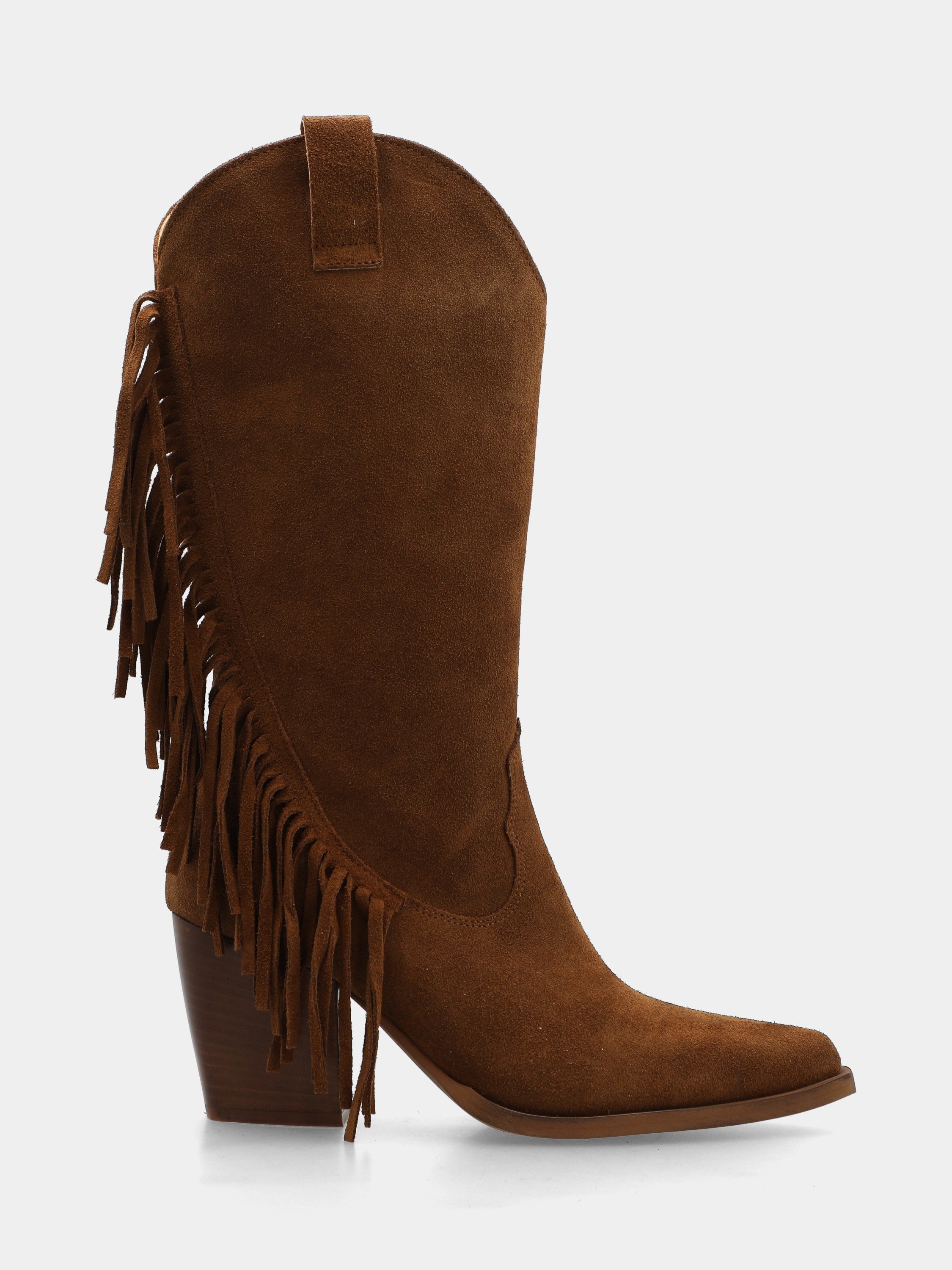 Western boots in dark brown velour with comma fringe and wide heel