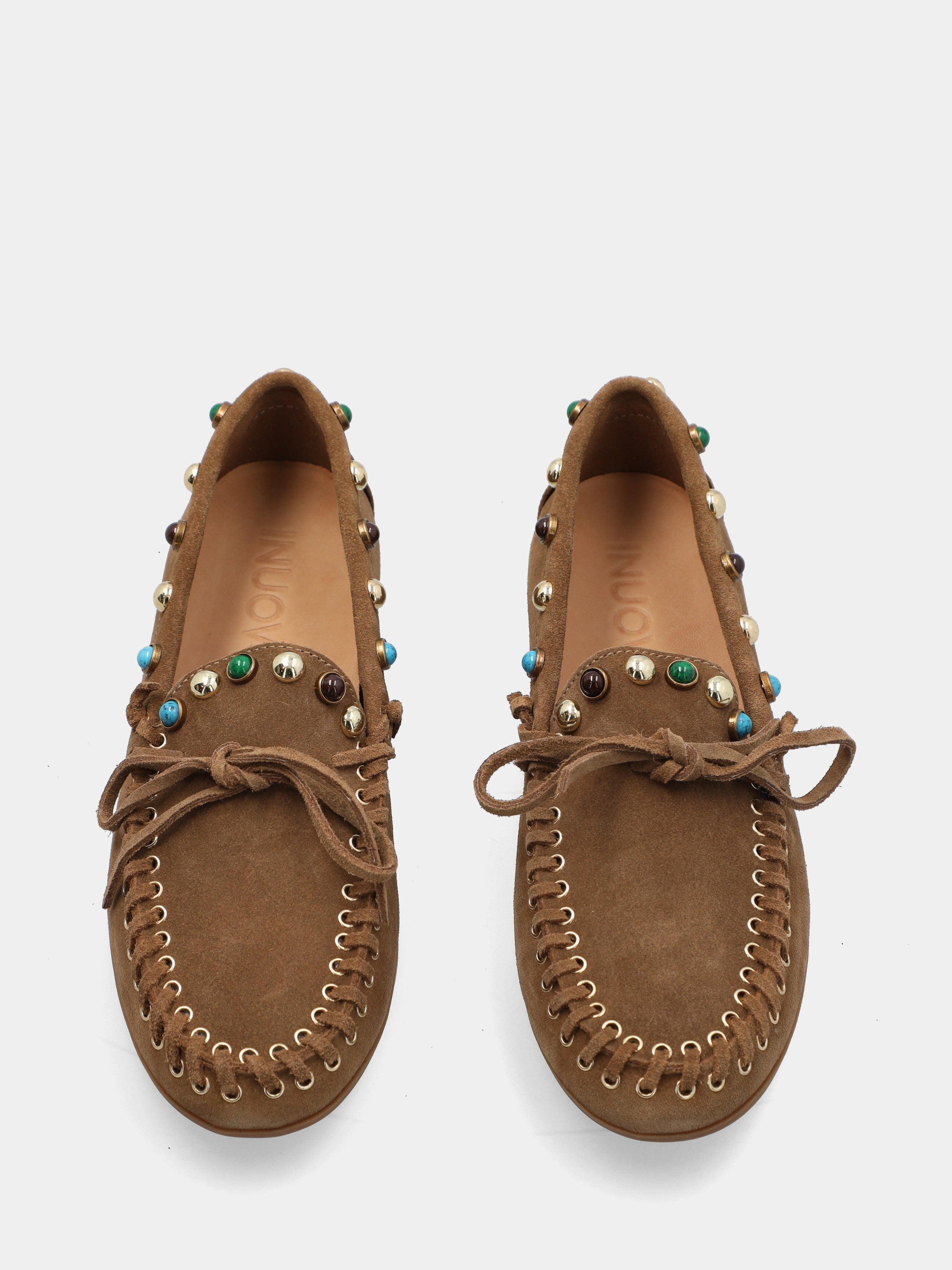 Mocassino in camoscio marrone con perline
