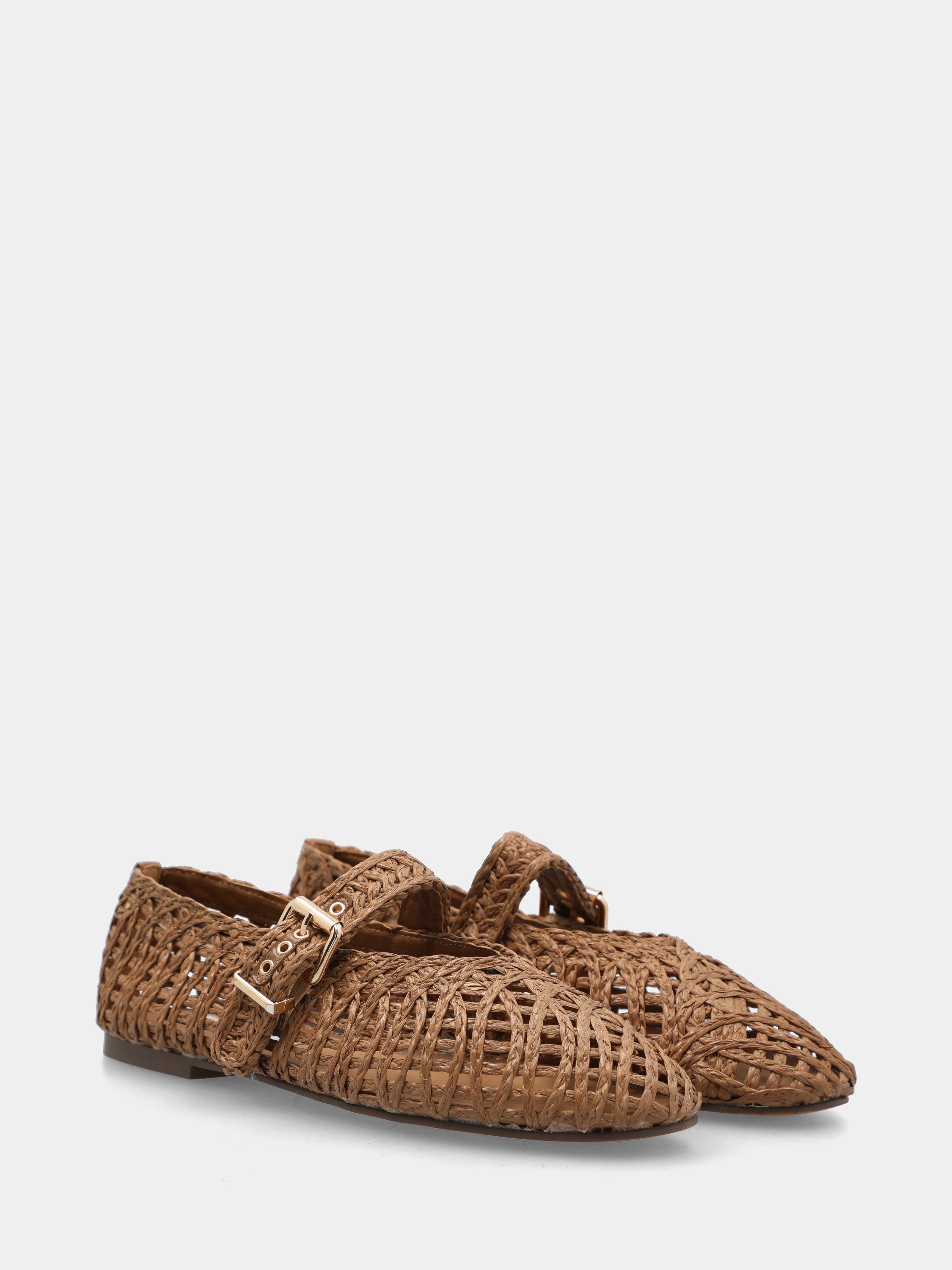 Ballerina in raffia marrone con intreccio a cestino