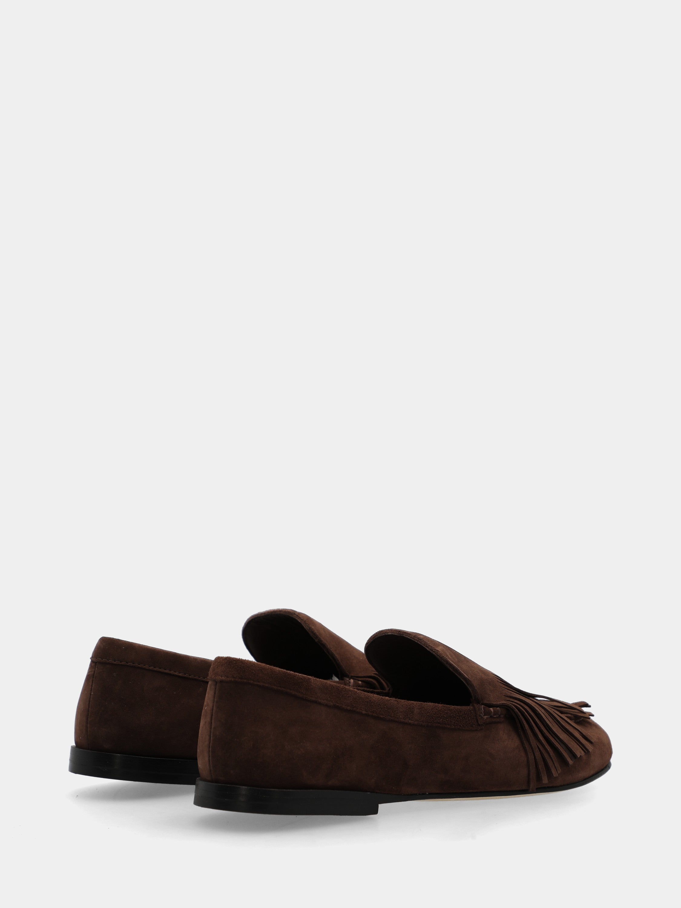 Dark brown suede moccasin with fringe and round toe