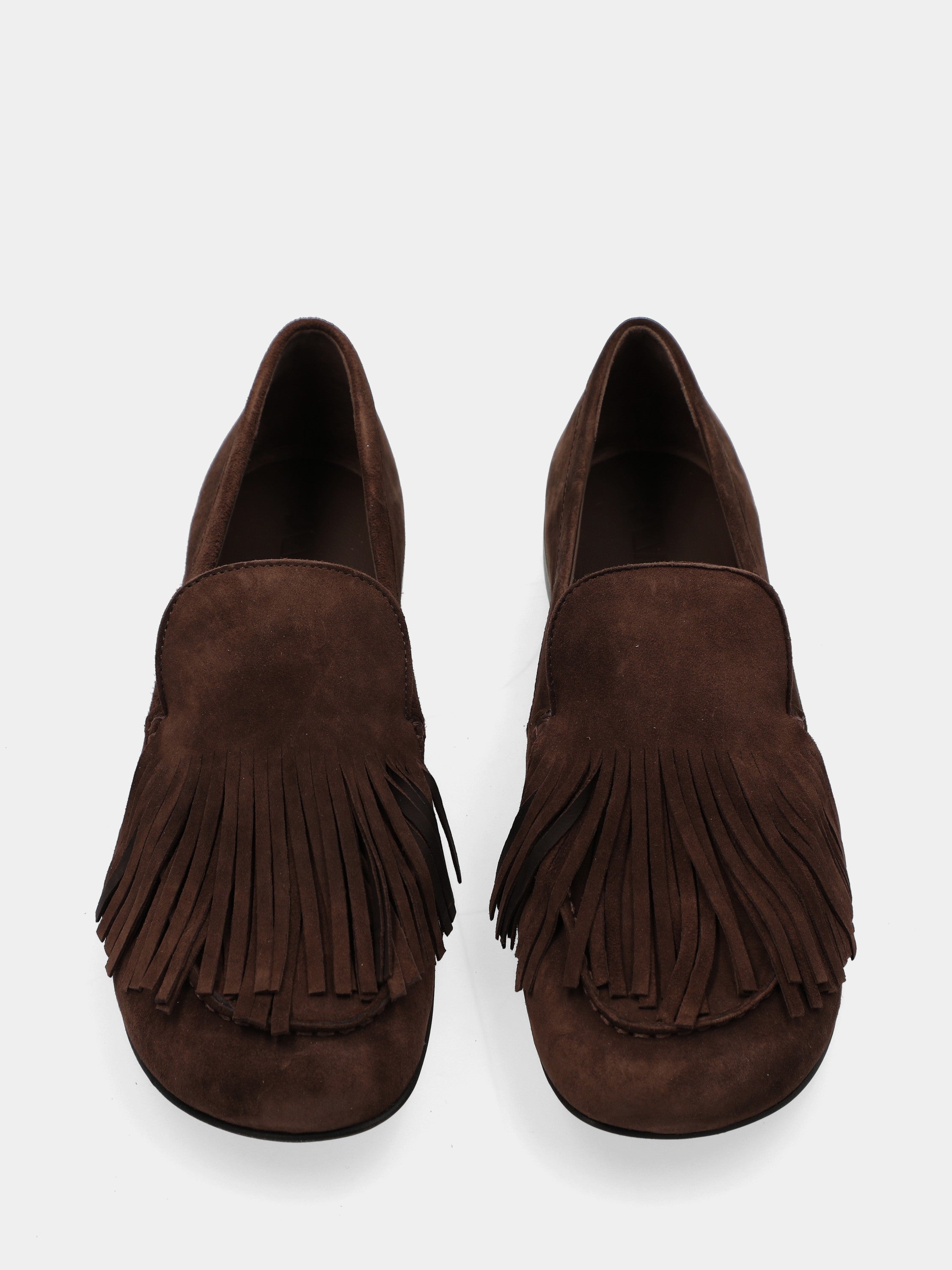 Dark brown suede moccasin with fringe and round toe