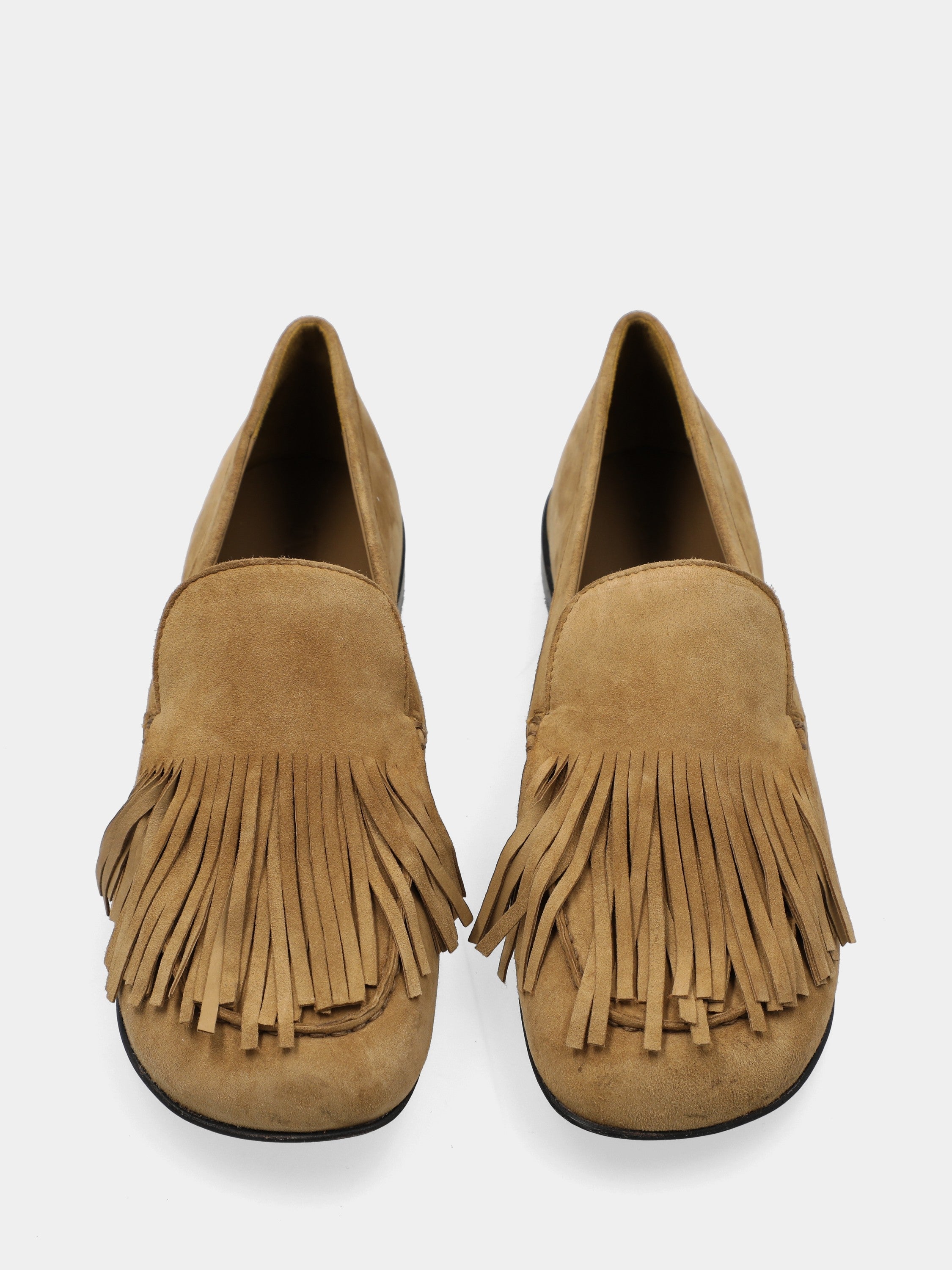 Mocassino in camoscio beige con frangia e punta tonda