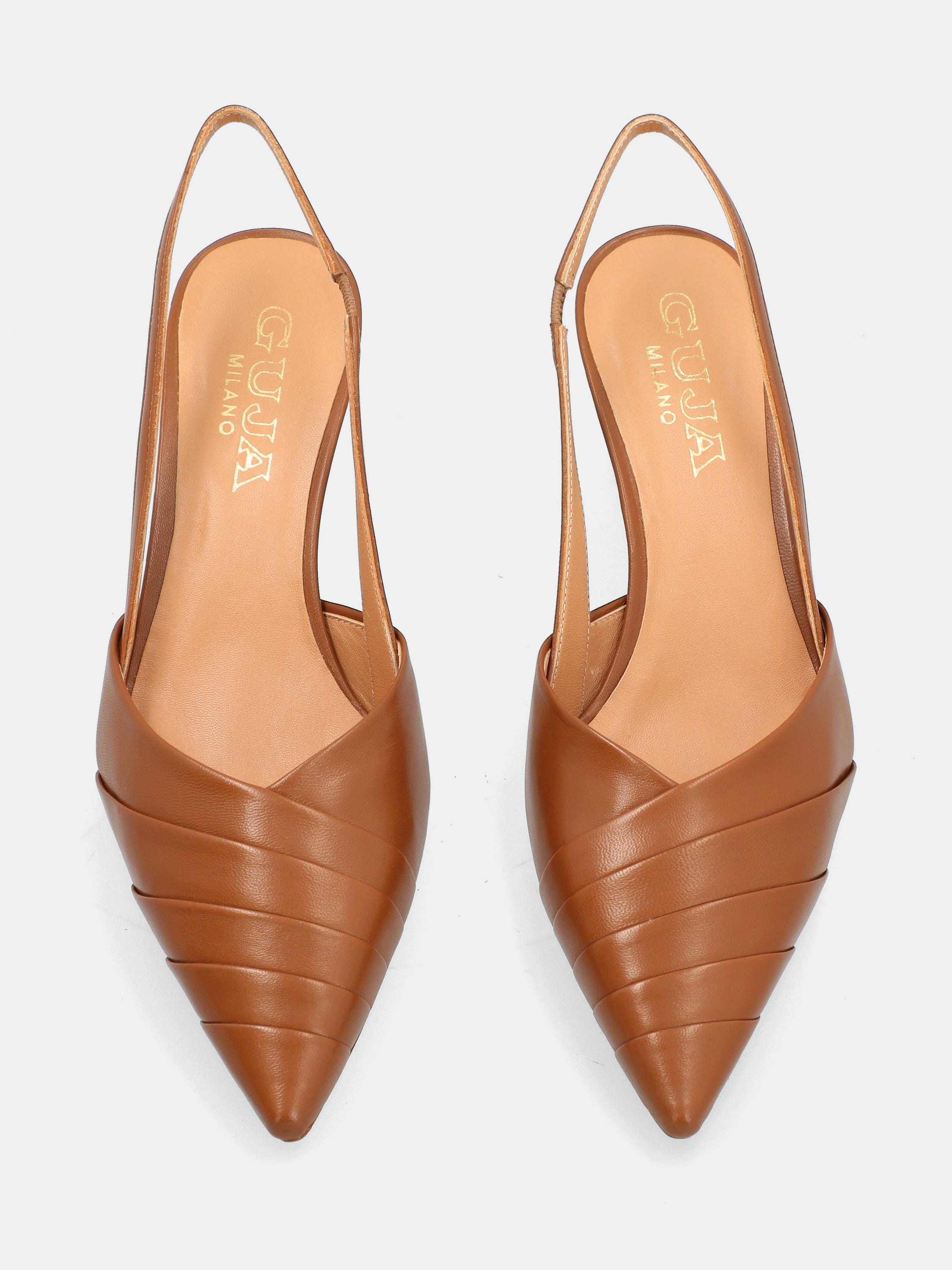 Slingback aus Nappaleder in Cognacfarbe mit Rüschen und Kelchabsatz