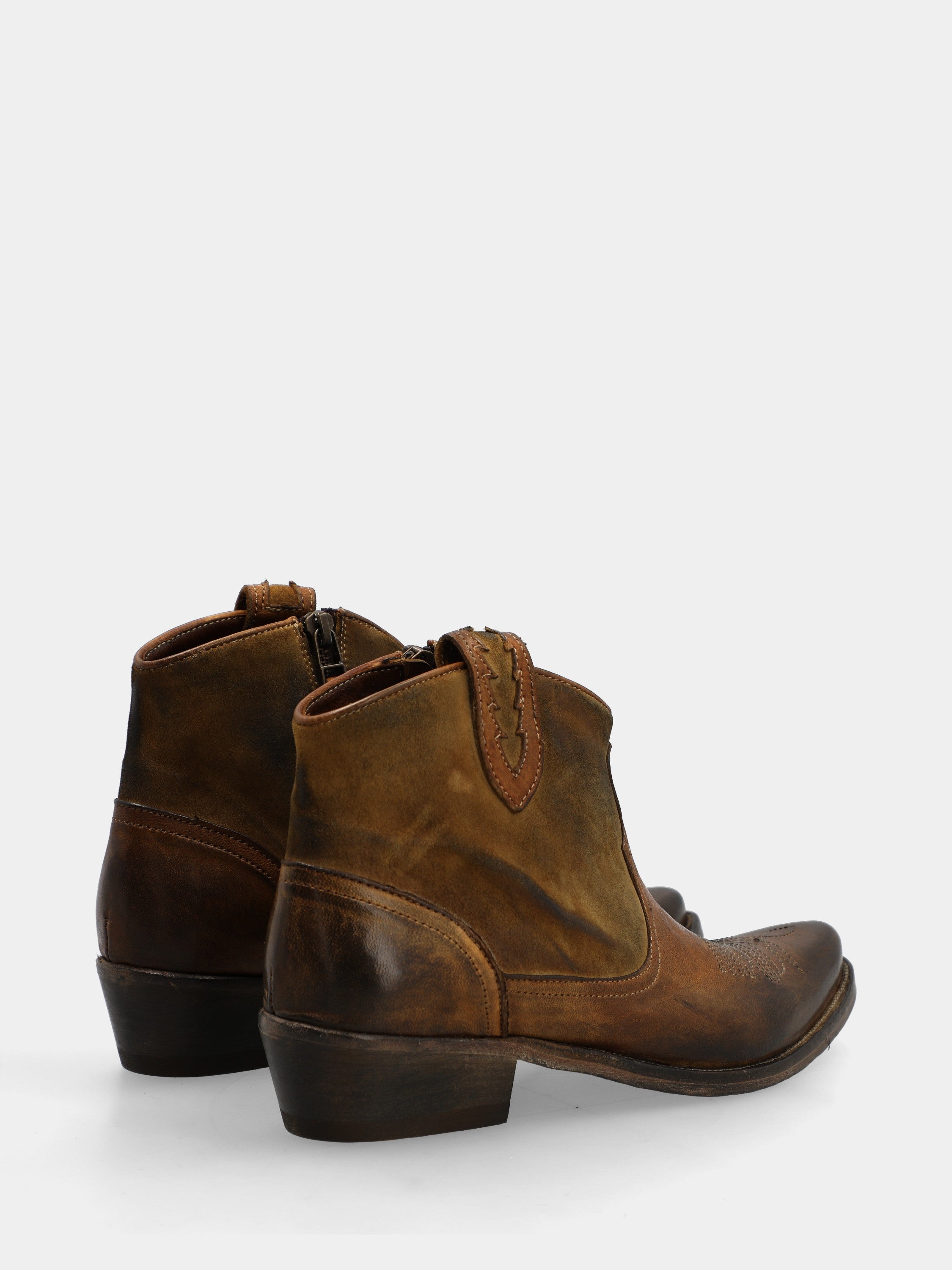 Western ankle boot in calfskin and suede leather in leather color with embroidery