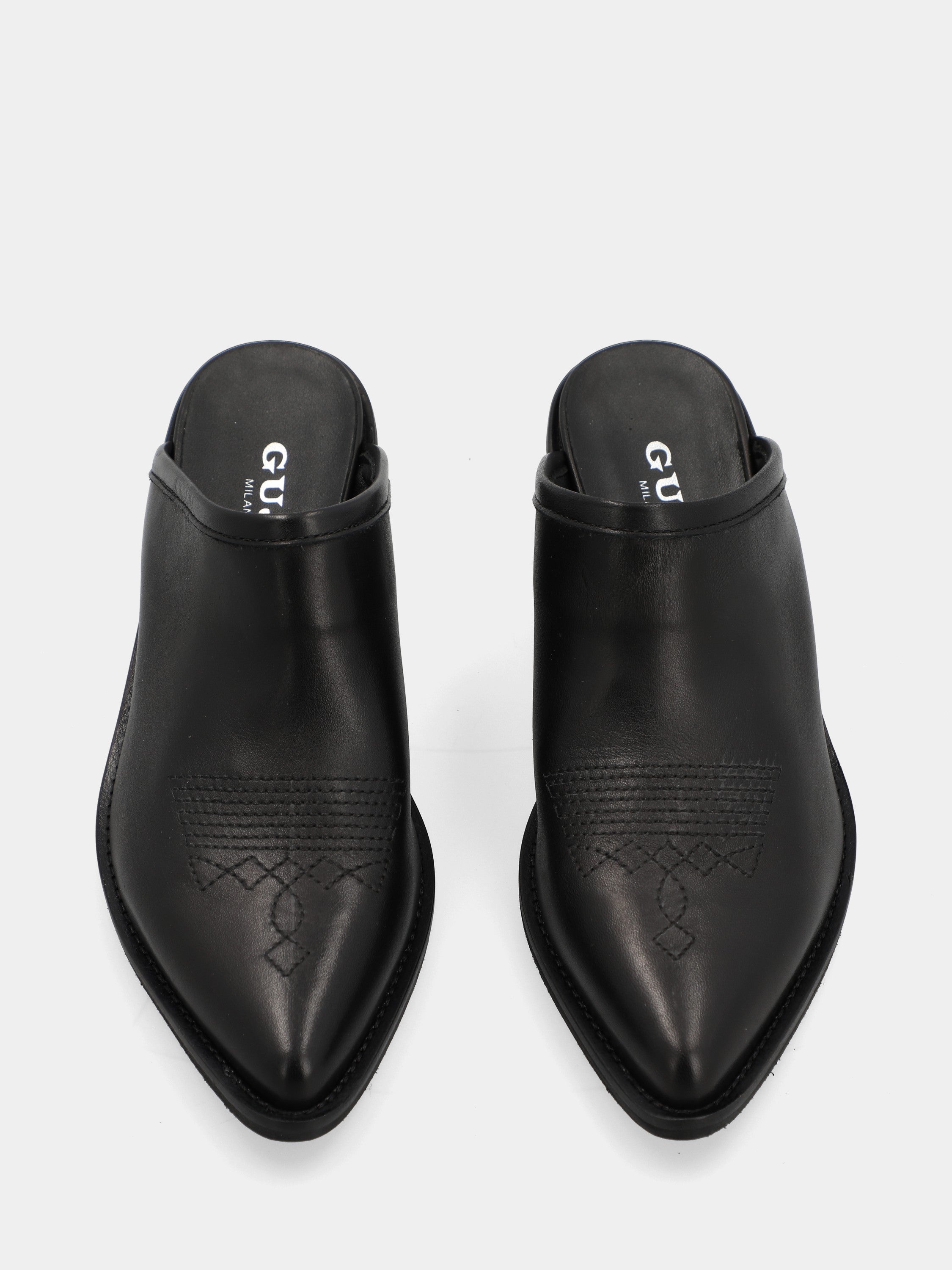 Cowboystiefel Sabot aus schwarzem Kalbsleder mit Stickerei auf der Sohle