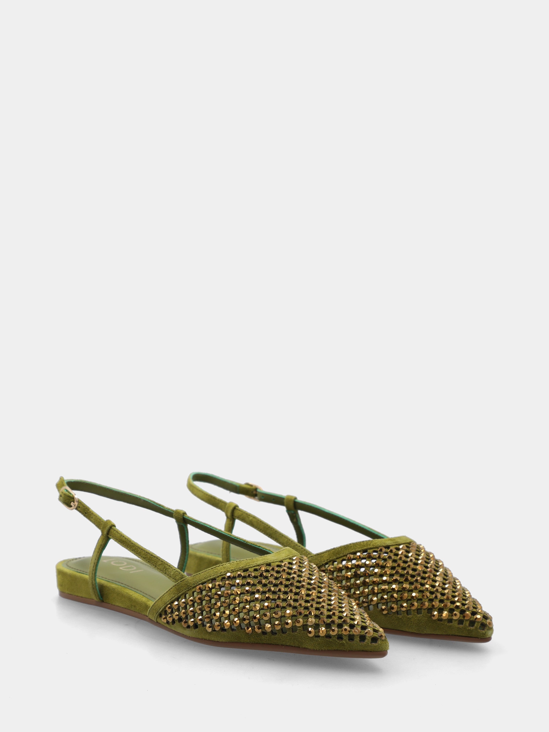 Slingback en suède vert avec résille et clous brillants sur plateforme