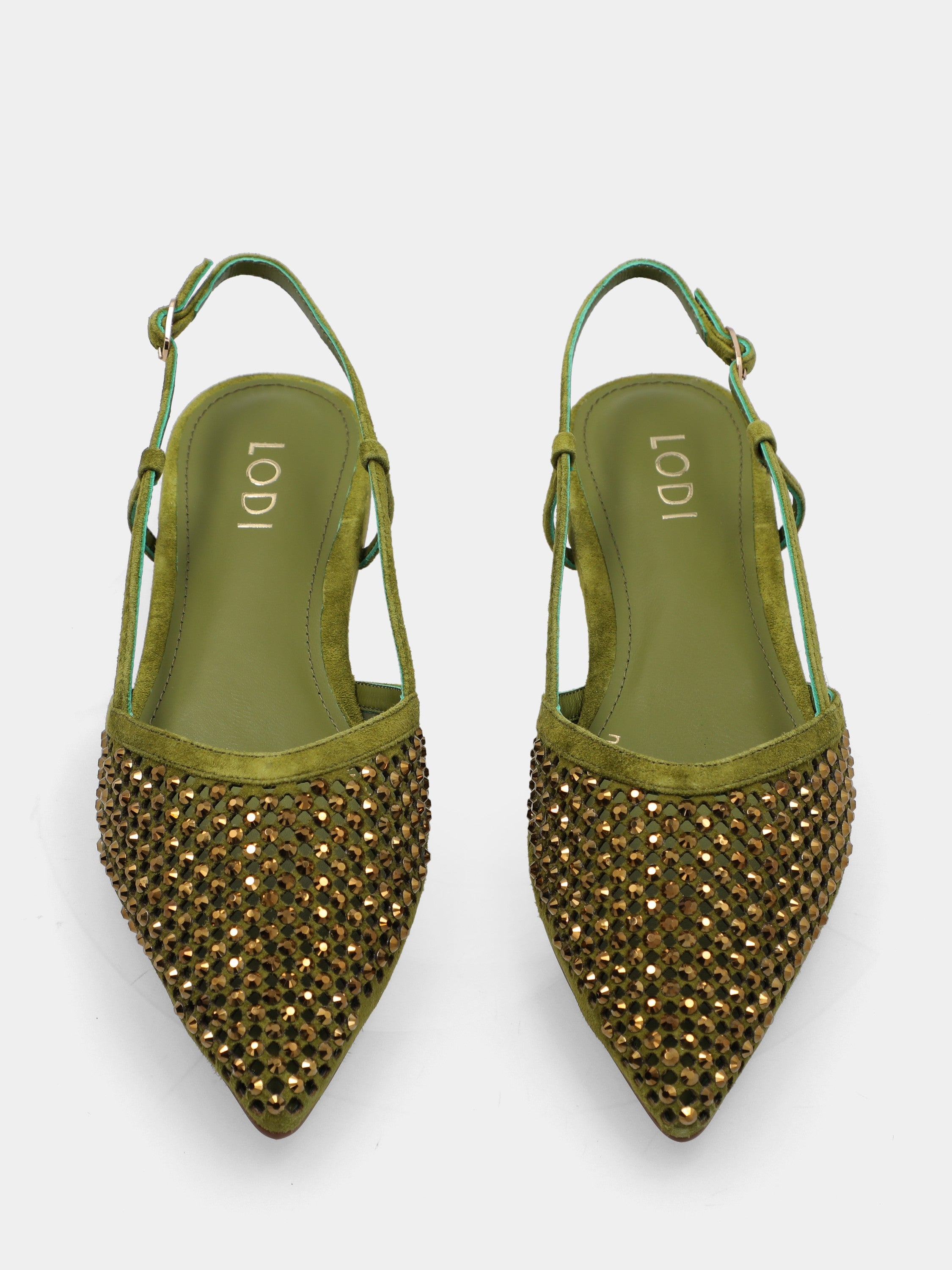 Slingback en suède vert avec résille et clous brillants sur plateforme