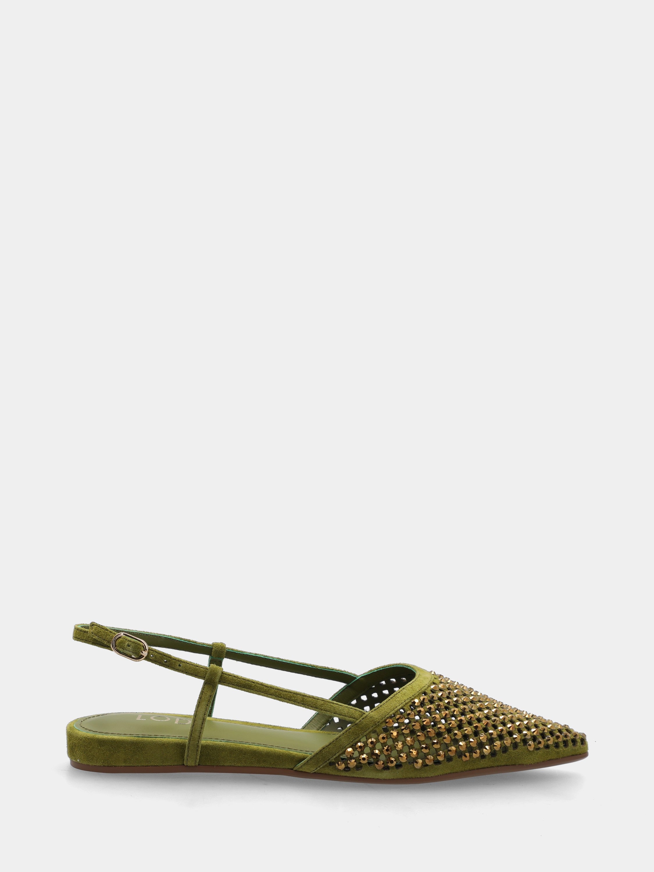 Slingback en suède vert avec résille et clous brillants sur plateforme