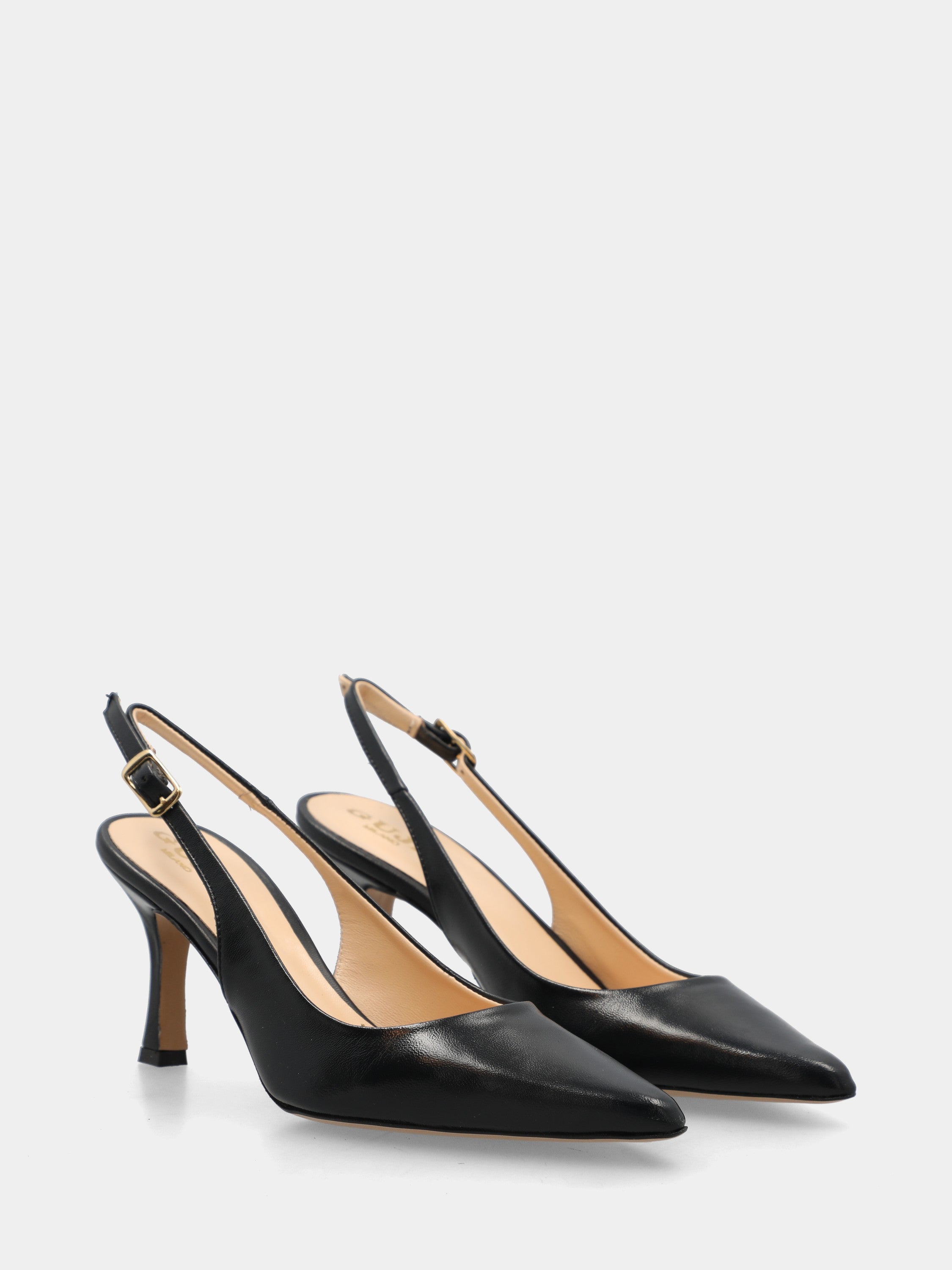 Slingback aus blauem Nappaleder mit spitzer Spitze und Pfennigabsatz
