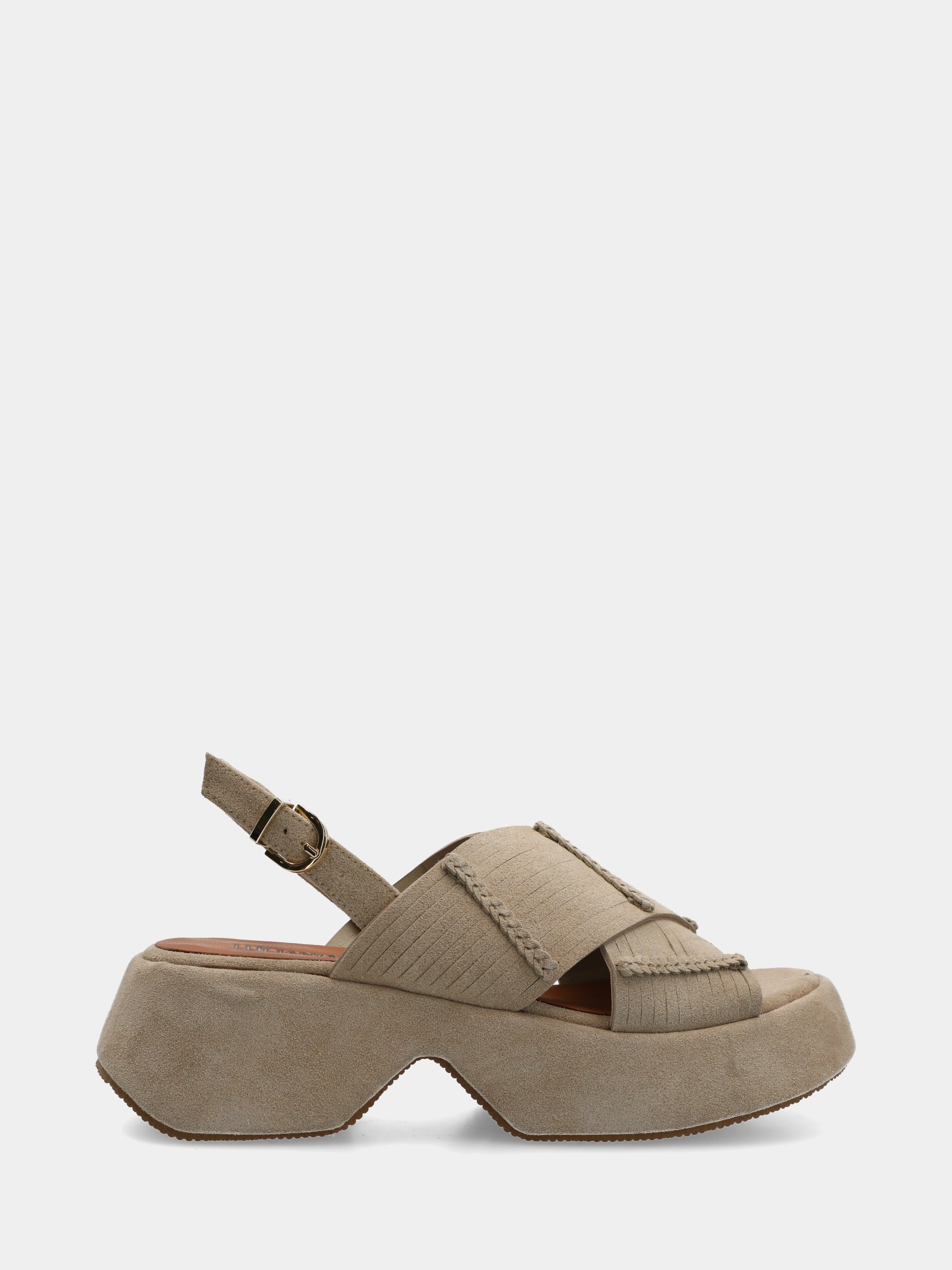 Sandalo in velour beige su platform con fettucce