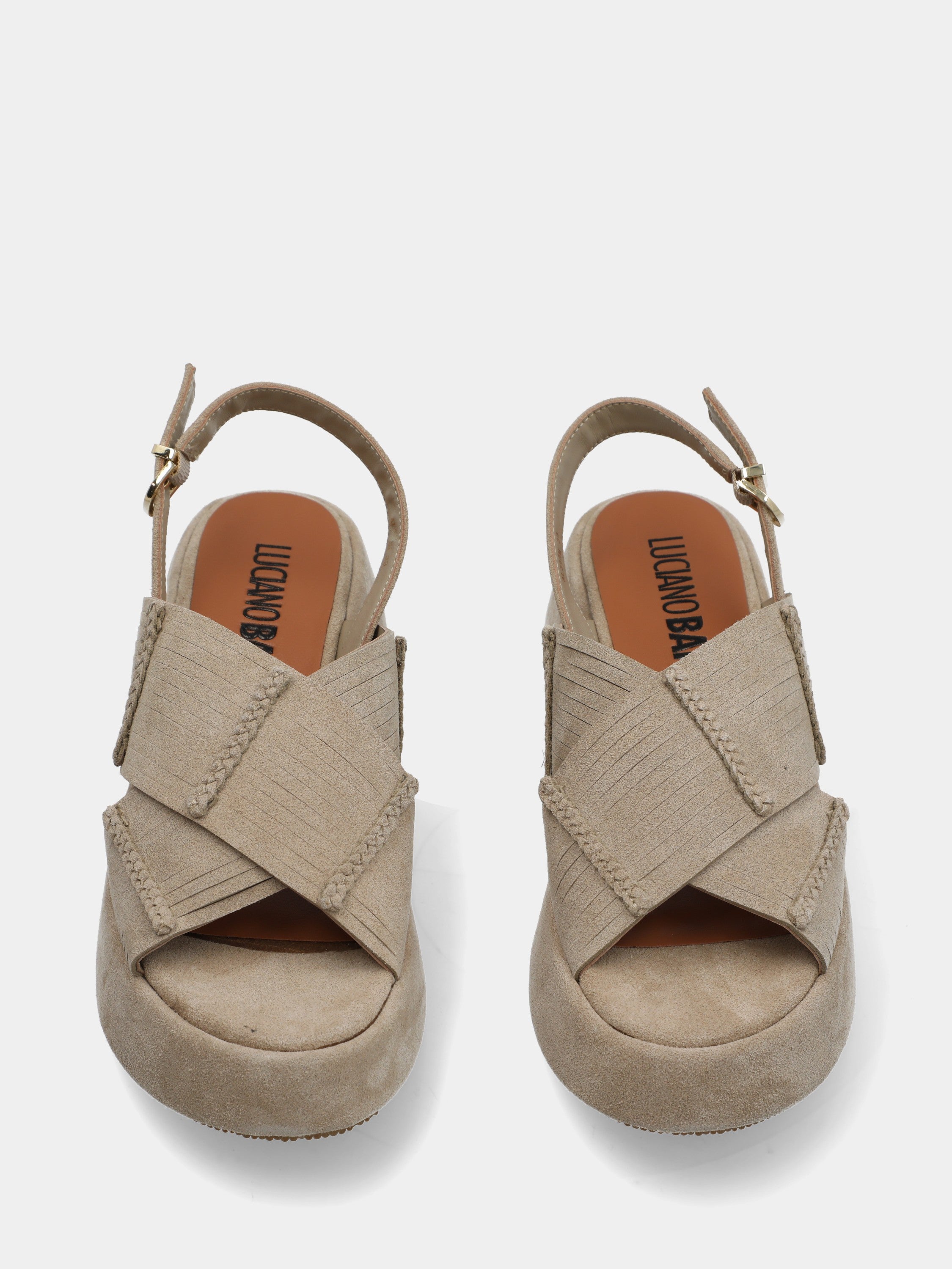 Sandalo in velour beige su platform con fettucce