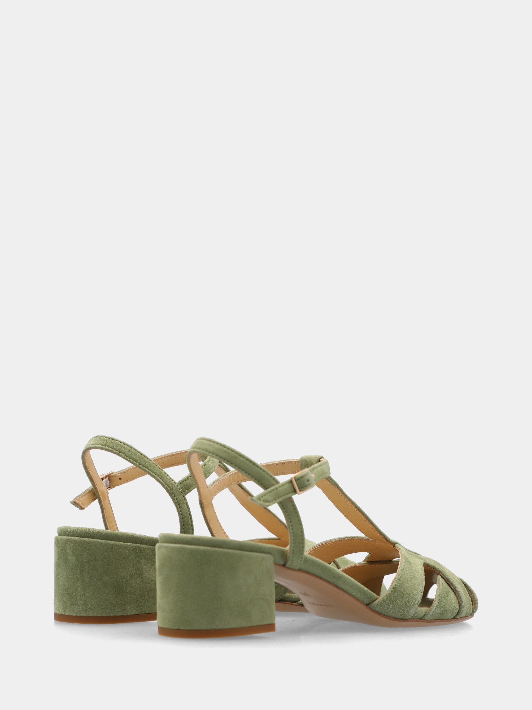 Suede sandal in sage color with double X straps and block heel