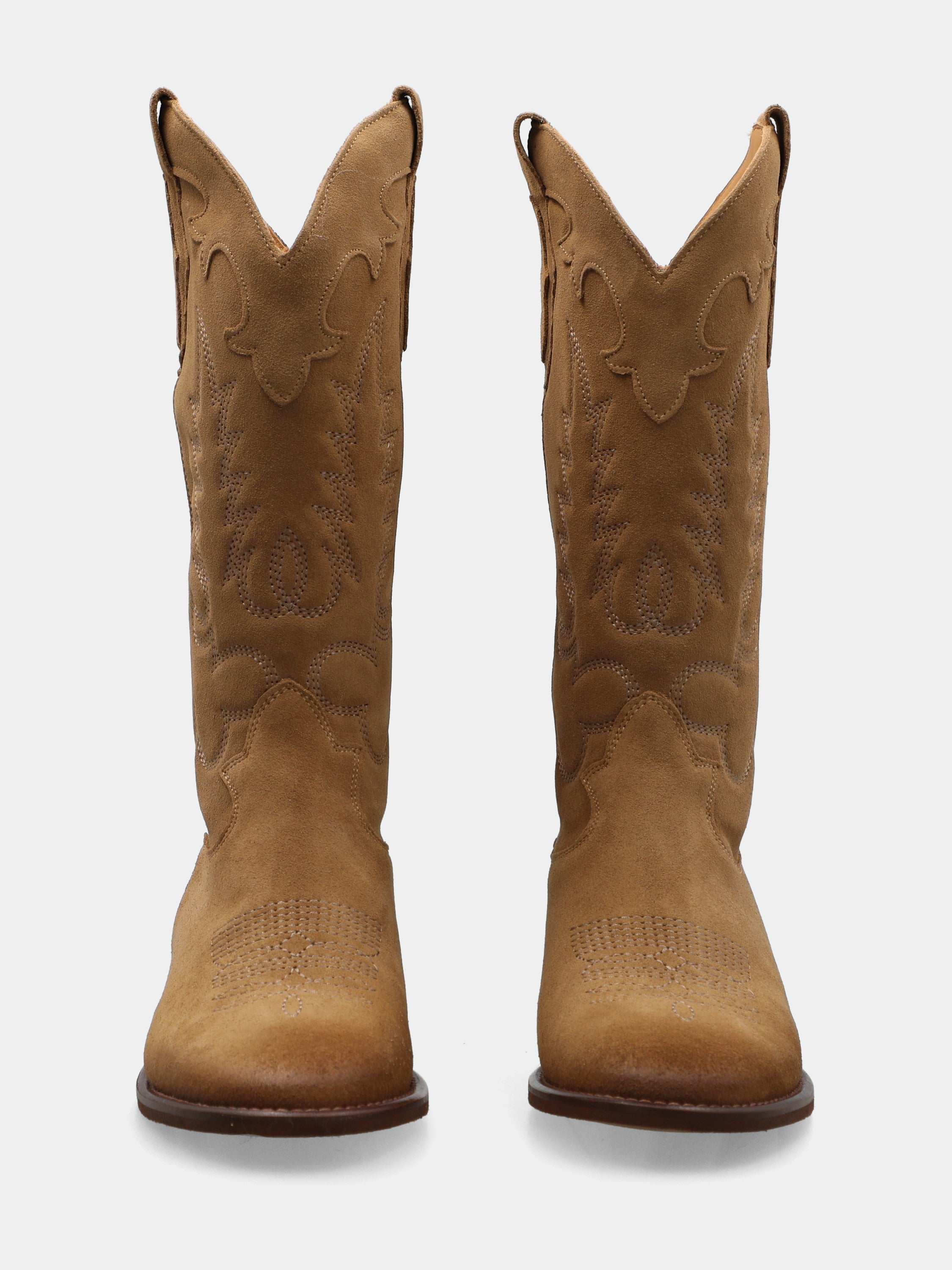 Bottes western en velours marron avec broderies et talon bas