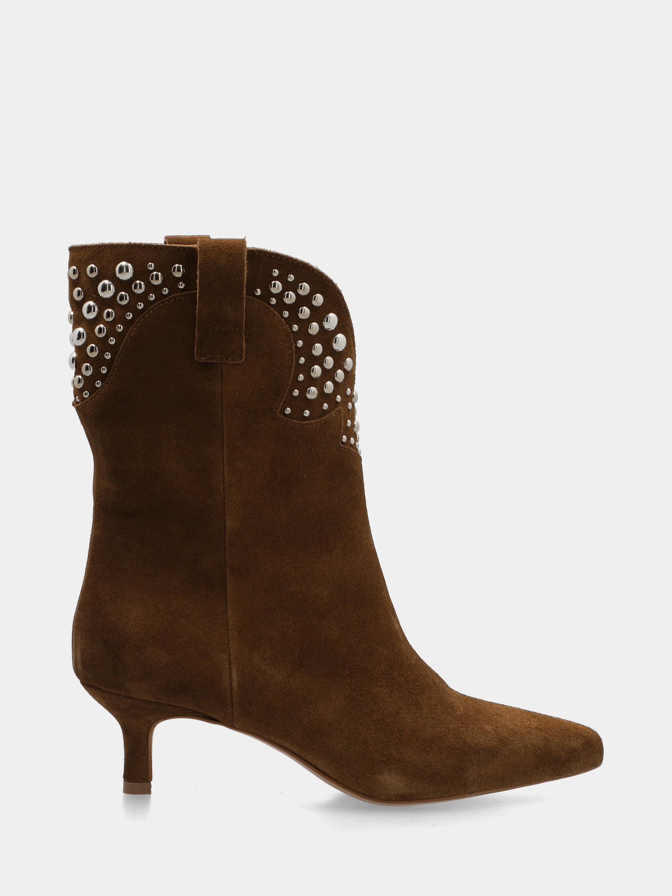 Stivaletto in velour color cuoio con borchie e tacco a calice