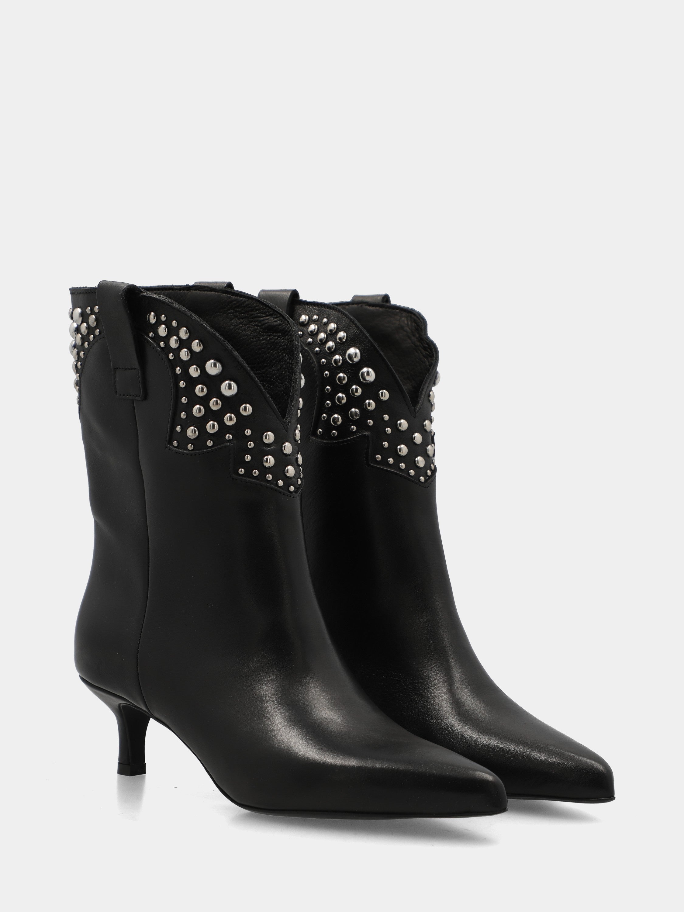 Black calf leather ankle boot with studs and goblet heel