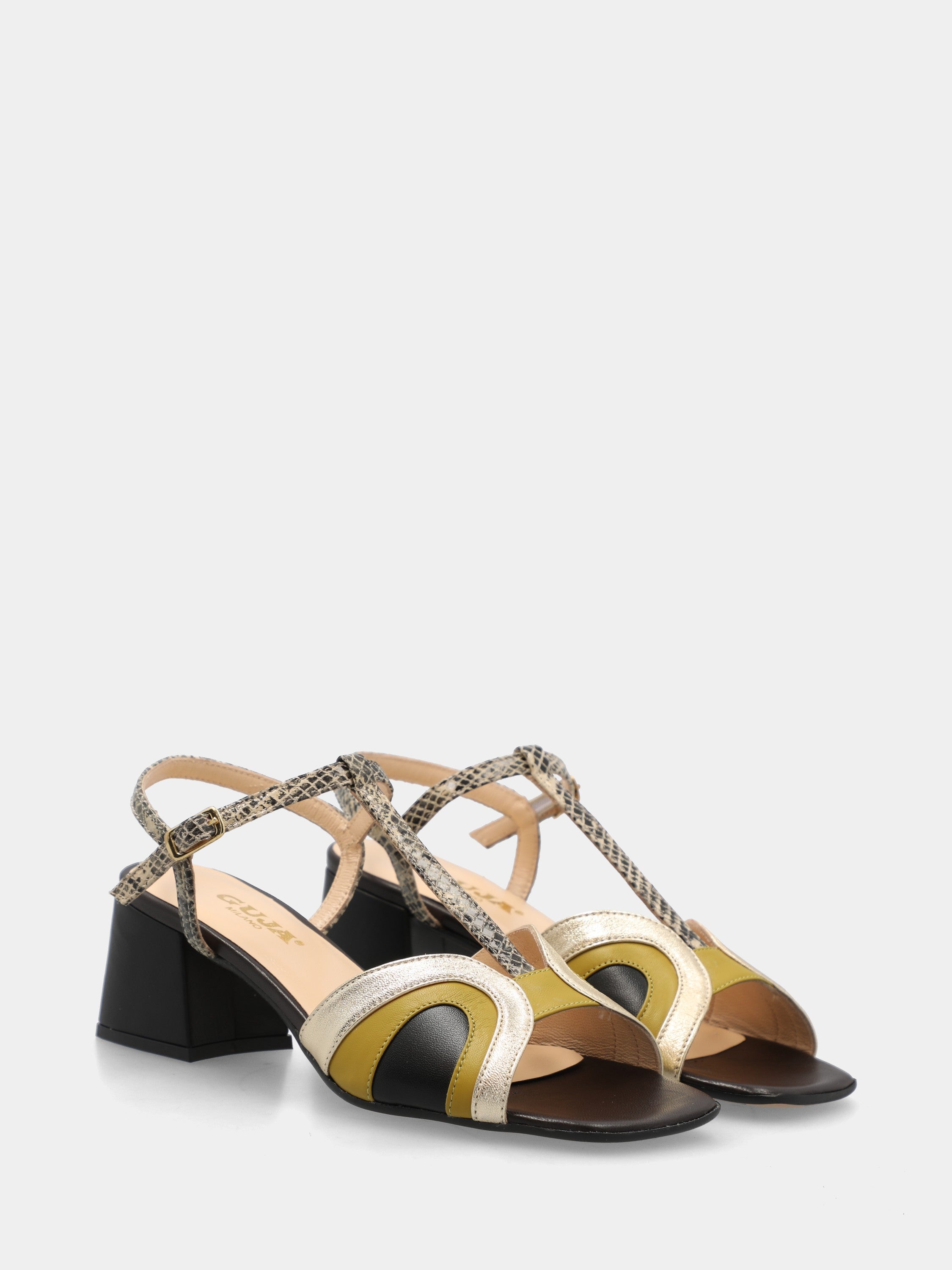 Multifarbiger Nappaleder-Sandalette mit geschwungenen Riemchen und Blockabsatz