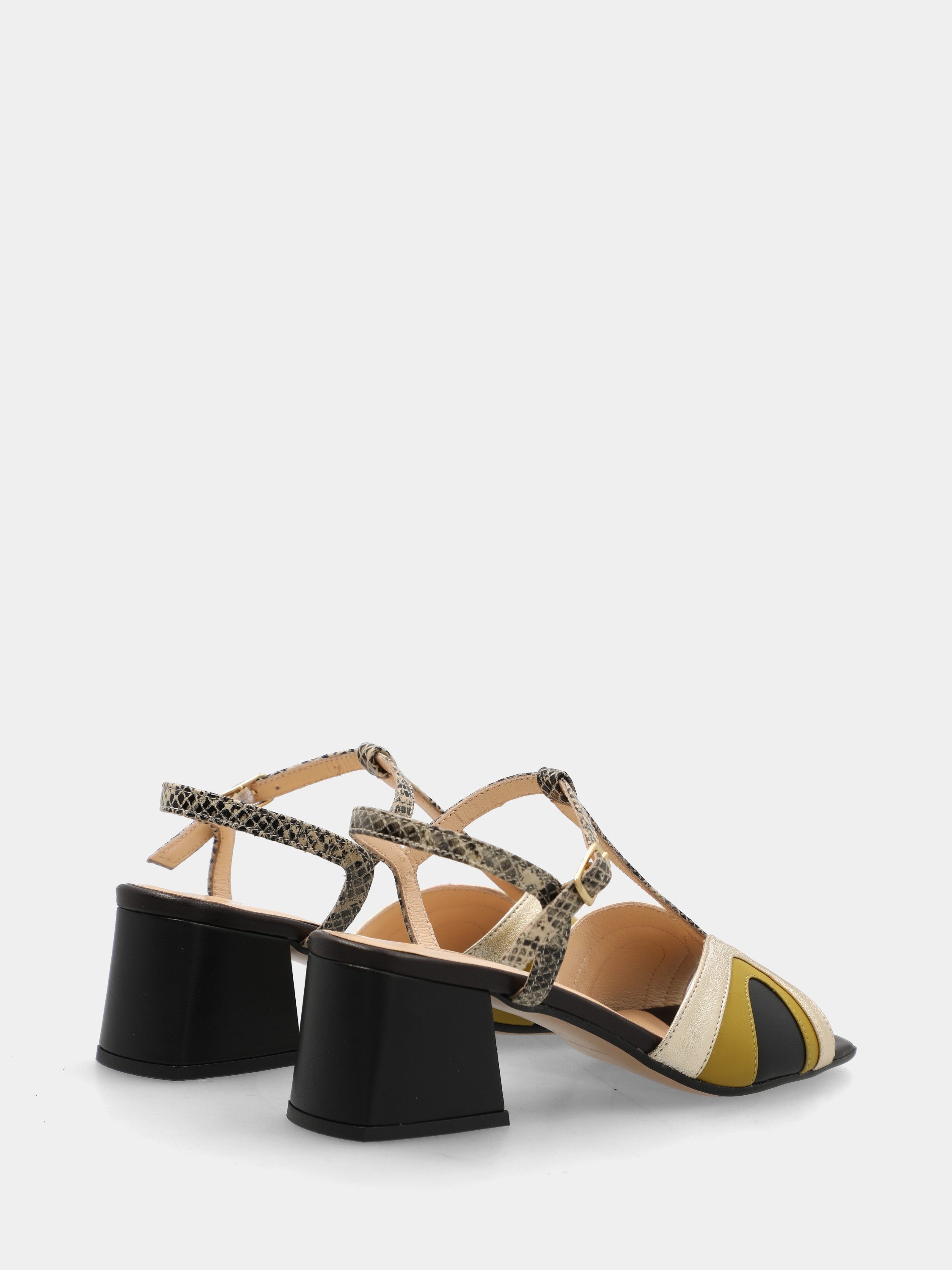 Multifarbiger Nappaleder-Sandalette mit geschwungenen Riemchen und Blockabsatz