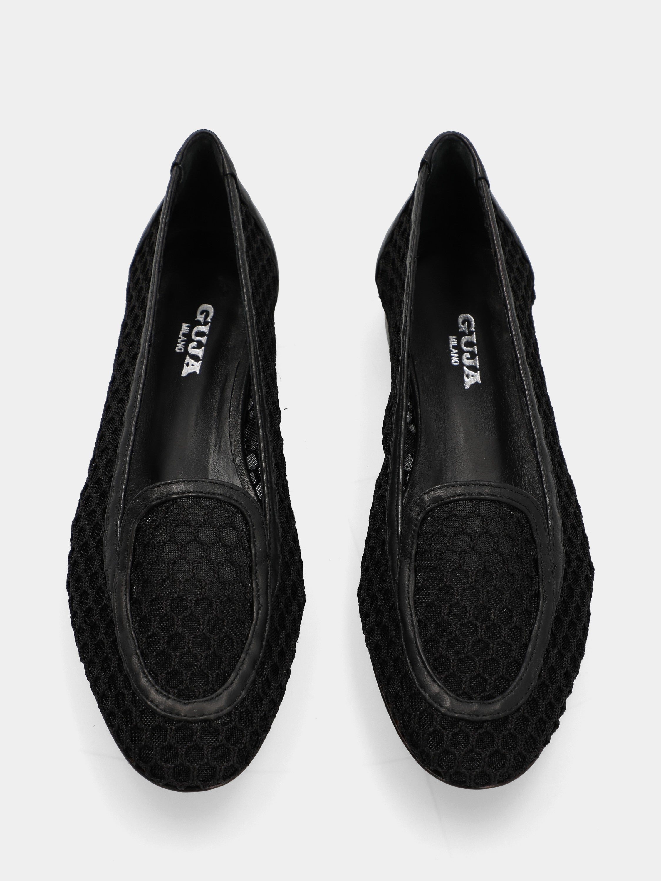 Nappa and black mesh slipper with crochet chain detail