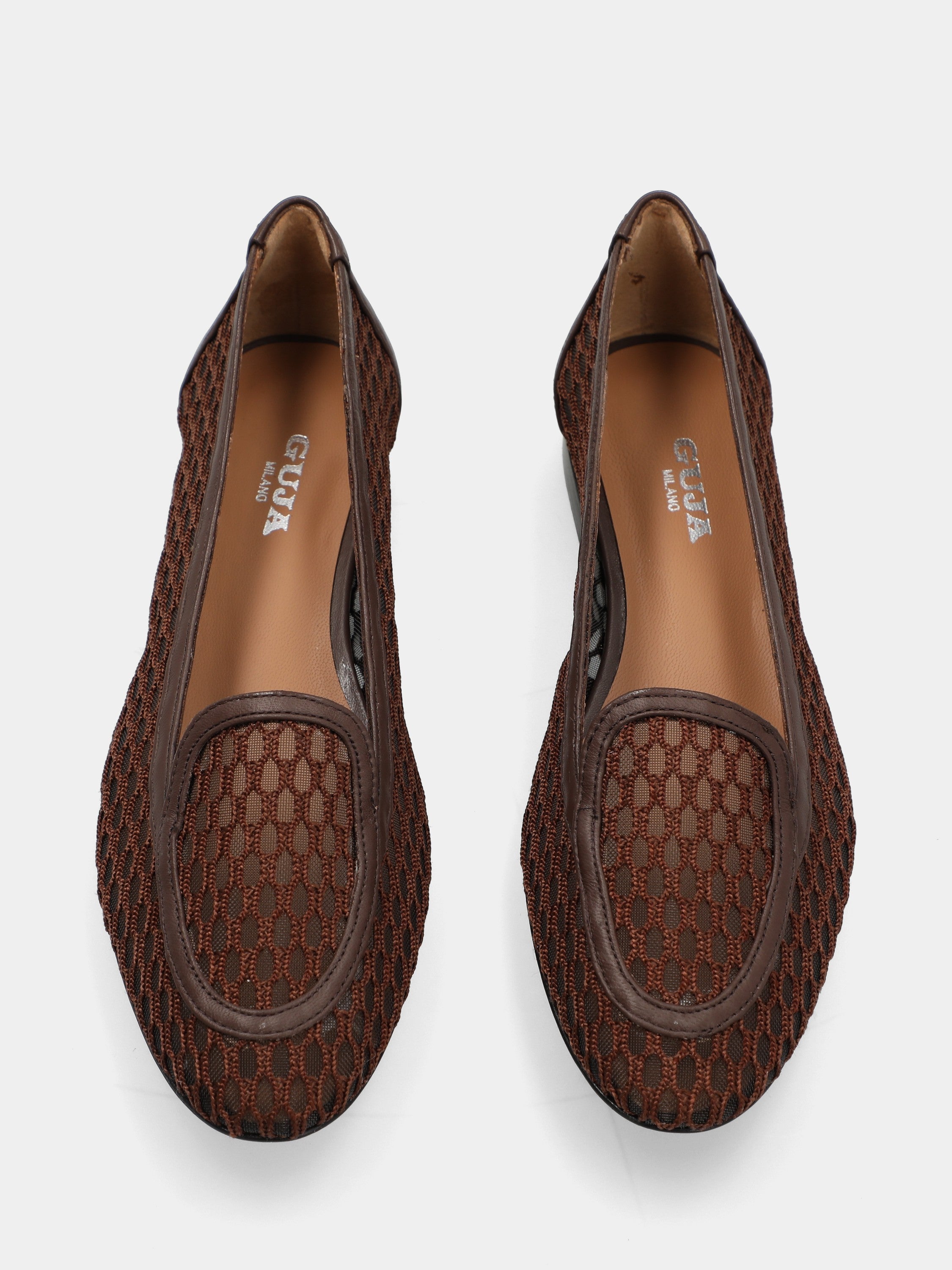 Nappa and dark brown mesh slipper with crochet chain detail
