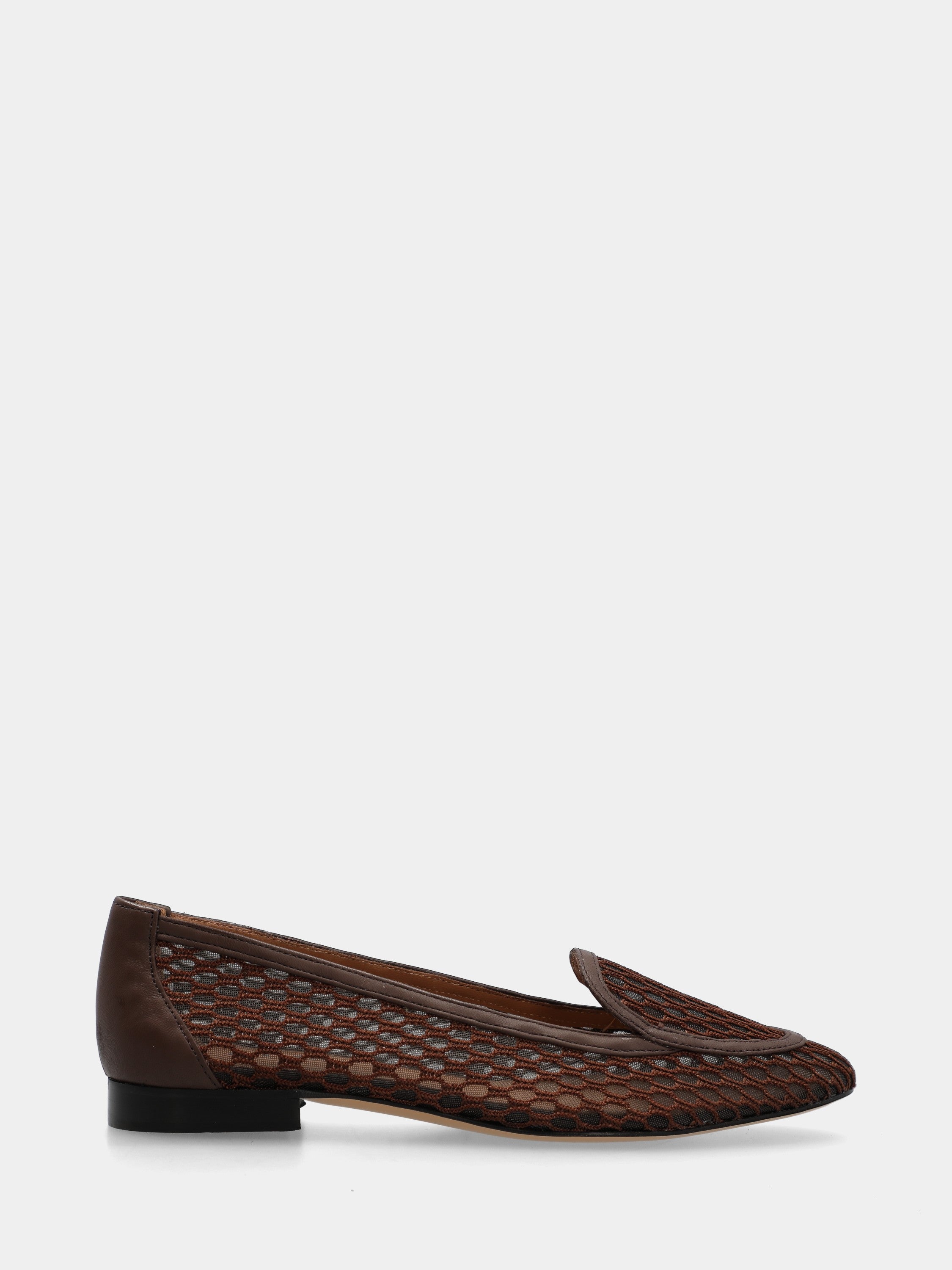 Nappa and dark brown mesh slipper with crochet chain detail