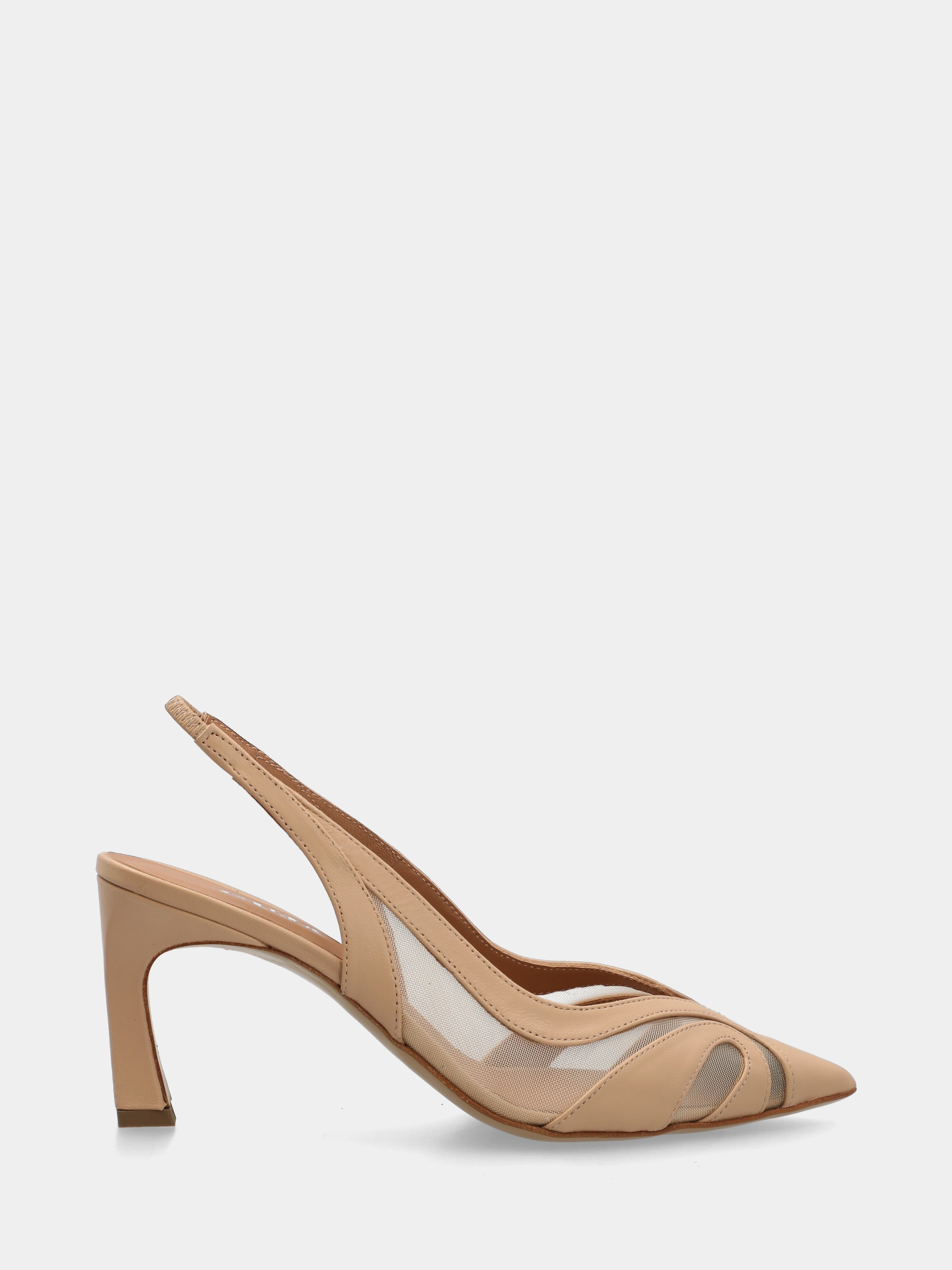 Slingback in nappa beige con tacco a martello e inserti in rete