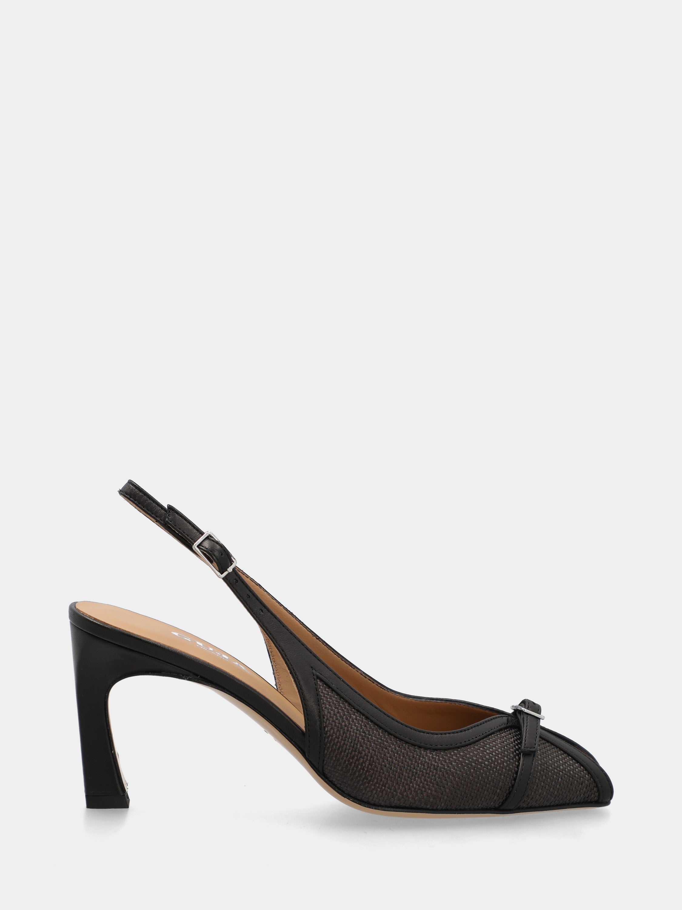 Sandalo slingback in tessuto nero con tacco a coda